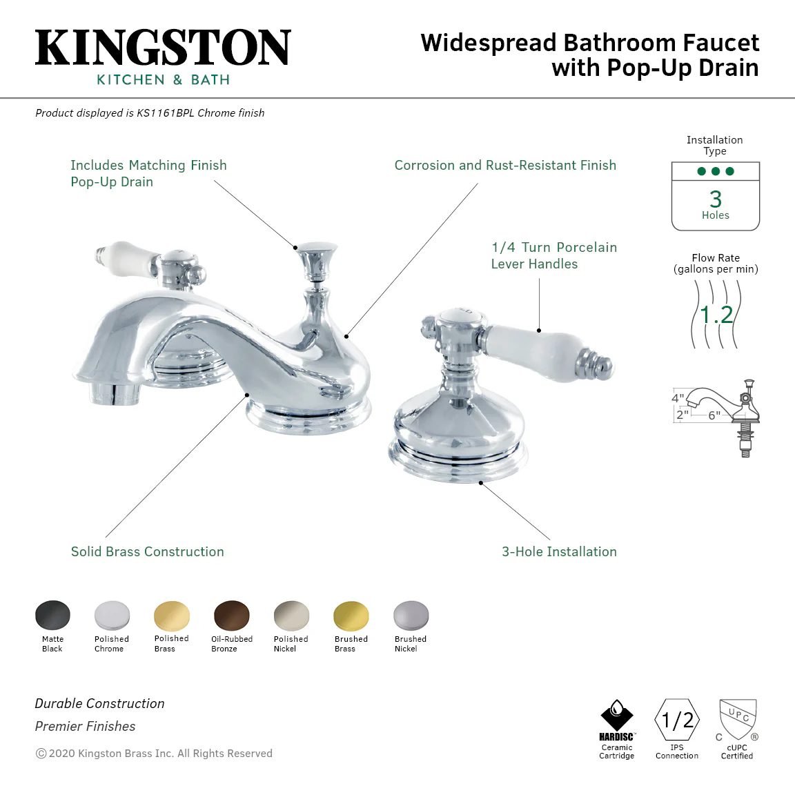 Kingston Heirloom KS1167BPL - Bel-Air Two-Handle 3-Hole Deck Mount Widespread Bathroom Faucet with Brass Pop-Up, Brushed Brass - Image 6