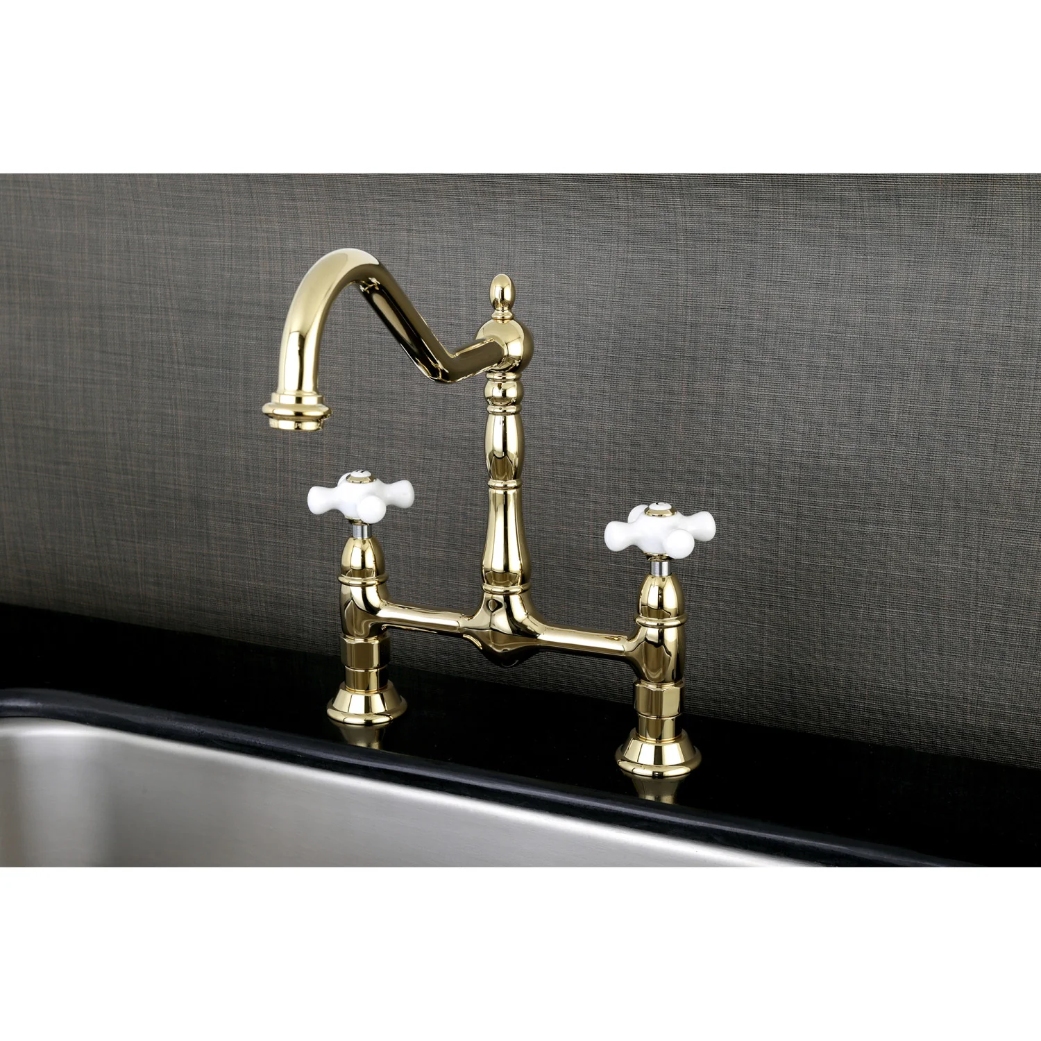 Kingston Heirloom KS1172PX - Heritage Two-Handle 2-Hole Deck Mount Bridge Kitchen Faucet, Polished Brass - Image 2