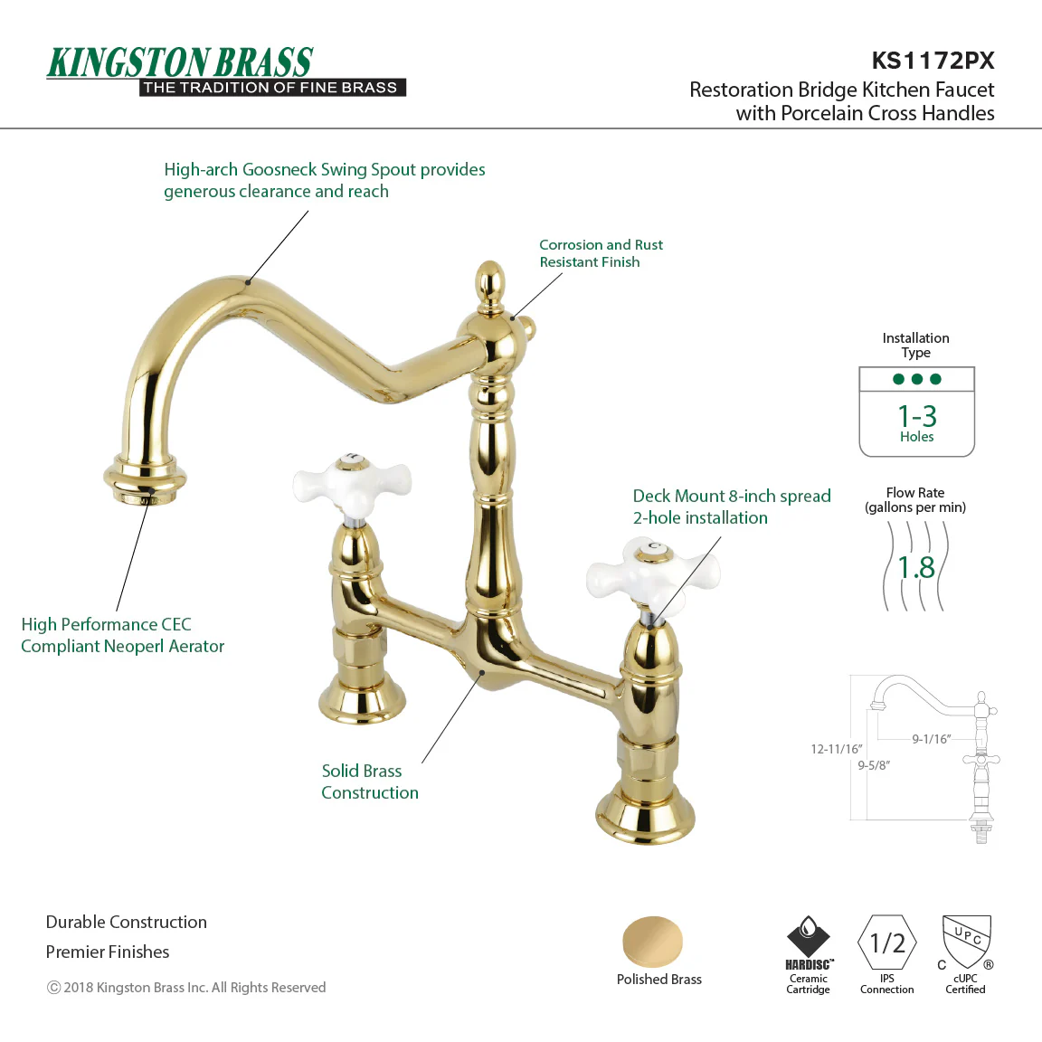 Kingston Heirloom KS1172PX - Heritage Two-Handle 2-Hole Deck Mount Bridge Kitchen Faucet, Polished Brass - Image 3