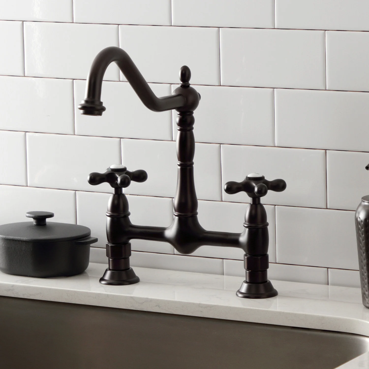 Kingston Heirloom KS1175AX - Heritage Two-Handle 2-Hole Deck Mount Bridge Kitchen Faucet, Oil Rubbed Bronze - Image 2