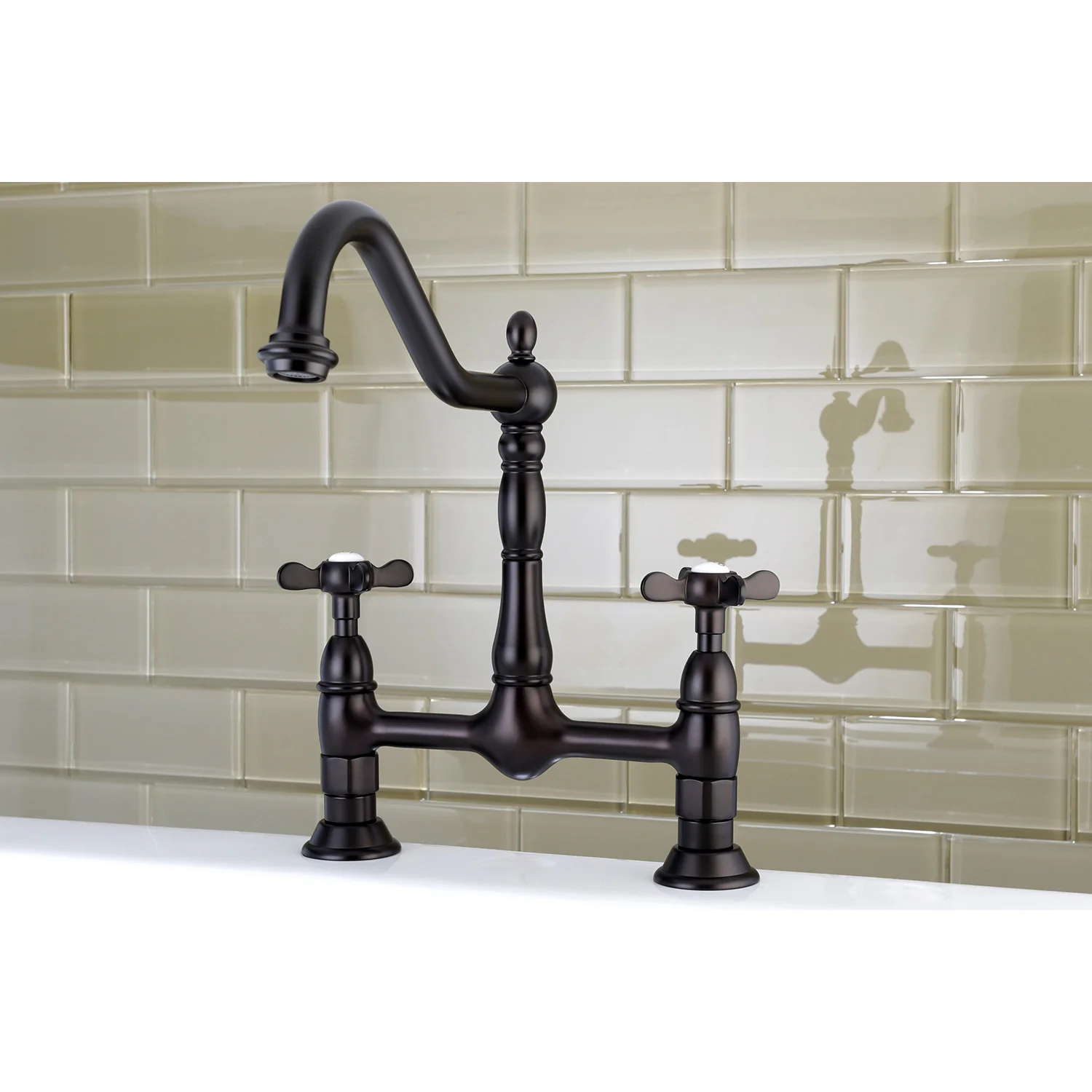 Kingston Heirloom KS1175BEX - Essex Two-Handle 2-Hole Deck Mount Bridge Kitchen Faucet, Oil Rubbed Bronze - Image 3