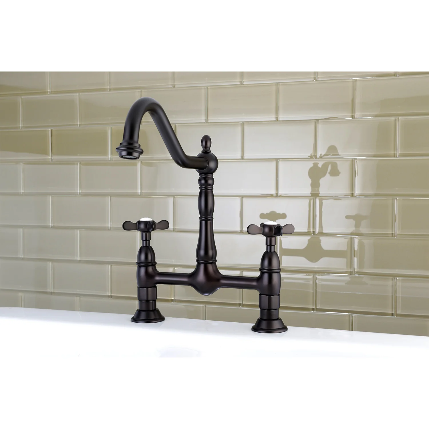 Kingston Heirloom KS1175BEX - Essex Two-Handle 2-Hole Deck Mount Bridge Kitchen Faucet, Oil Rubbed Bronze - Image 4
