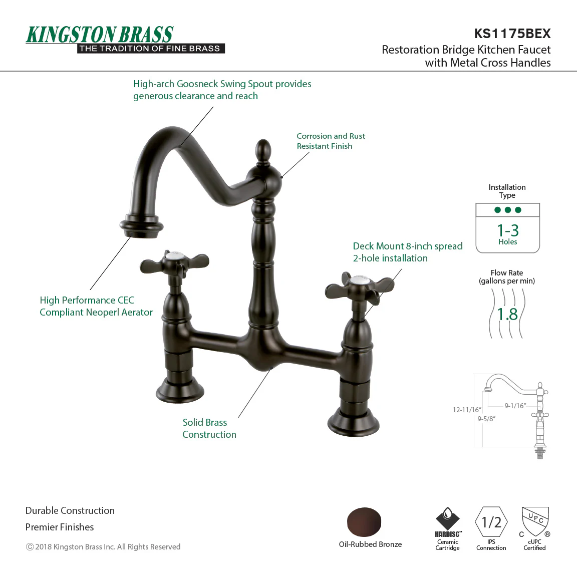Kingston Heirloom KS1175BEX - Essex Two-Handle 2-Hole Deck Mount Bridge Kitchen Faucet, Oil Rubbed Bronze - Image 5