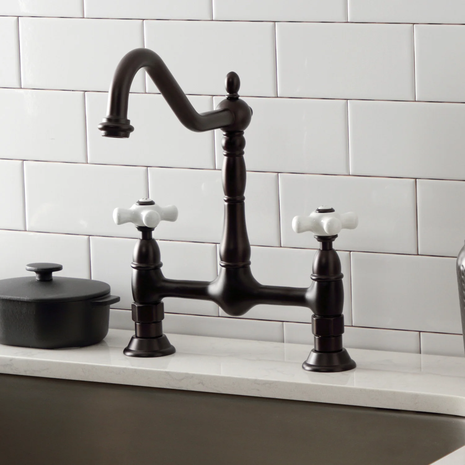 Kingston Heirloom KS1175PX - Heritage Two-Handle 2-Hole Deck Mount Bridge Kitchen Faucet, Oil Rubbed Bronze - Image 2