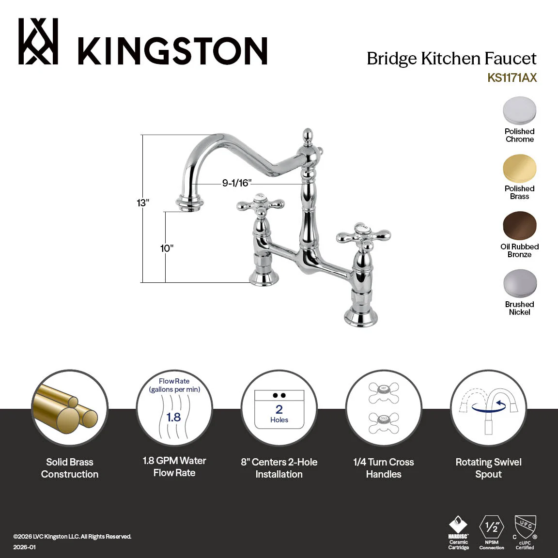 Kingston Heirloom KS1178AX - Heritage Two-Handle 2-Hole Deck Mount Bridge Kitchen Faucet, Brushed Nickel - Image 2
