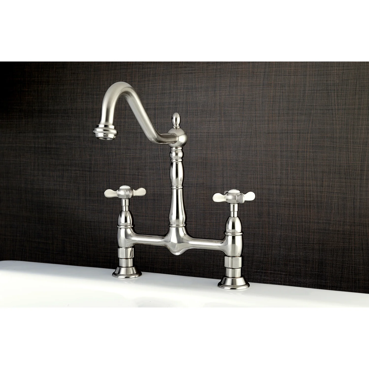 Kingston Heirloom KS1178BEX - Essex Two-Handle 2-Hole Deck Mount Bridge Kitchen Faucet, Brushed Nickel - Image 3