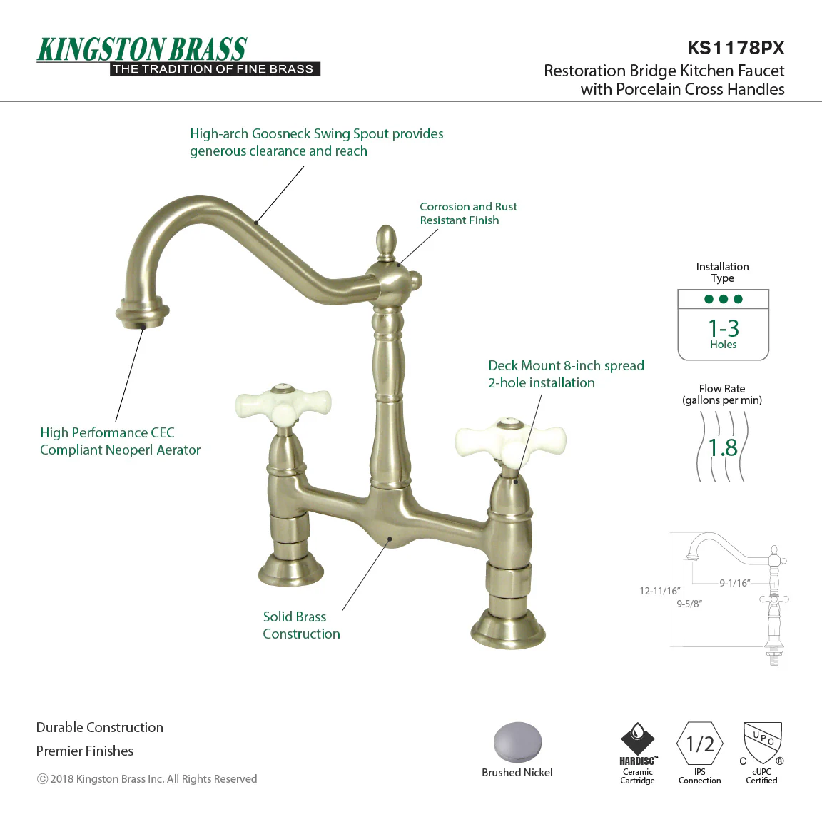 Kingston Heirloom KS1178PX - Heritage Two-Handle 2-Hole Deck Mount Bridge Kitchen Faucet, Brushed Nickel - Image 2