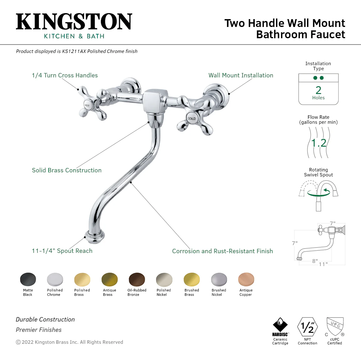Kingston Heirloom KS1210AX - Heritage Double-Handle 2-Hole Wall Mount Bathroom Faucet, Matte Black - Image 2