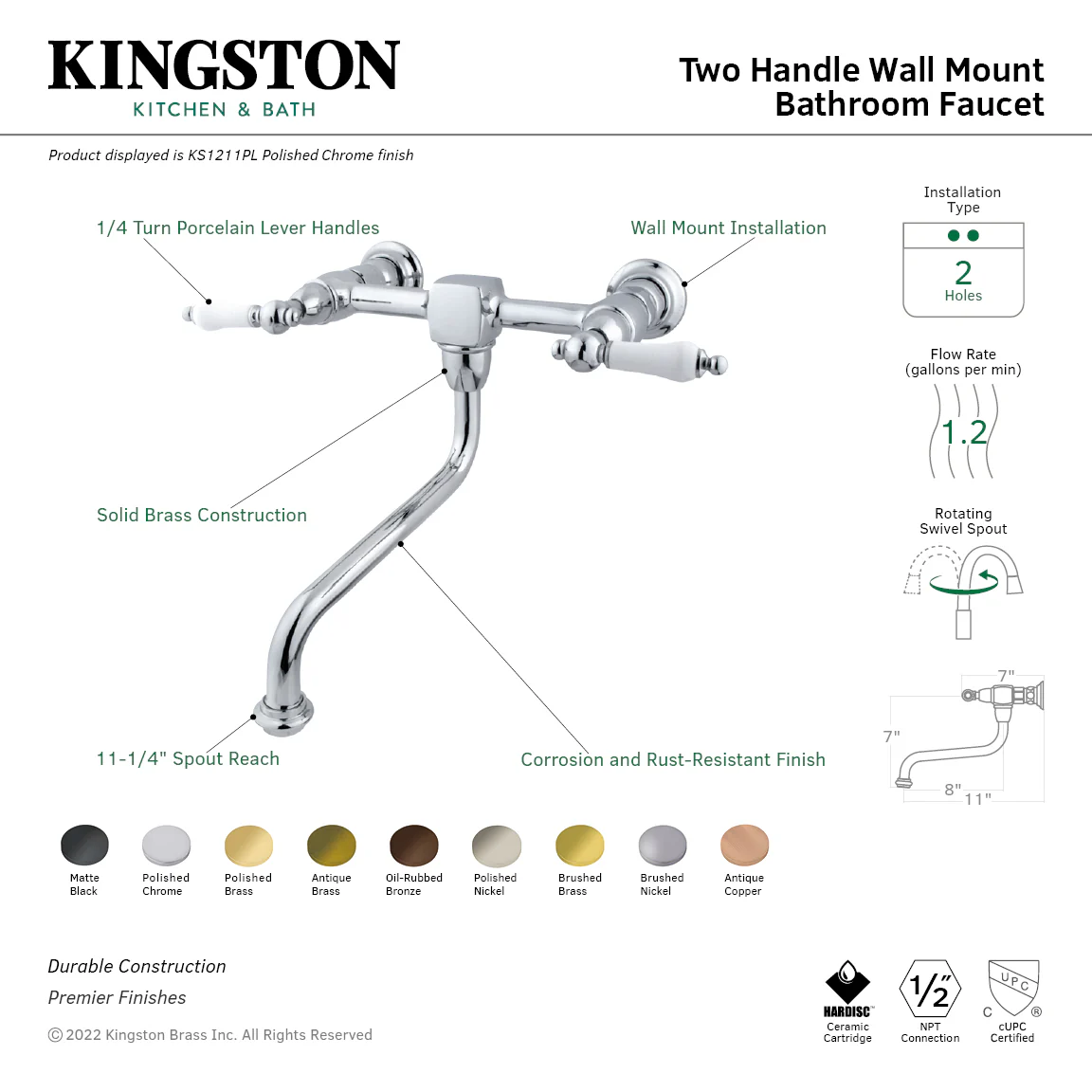 Kingston Heirloom KS1212PL - Heritage Double-Handle 2-Hole Wall Mount Bathroom Faucet, Polished Brass - Image 2