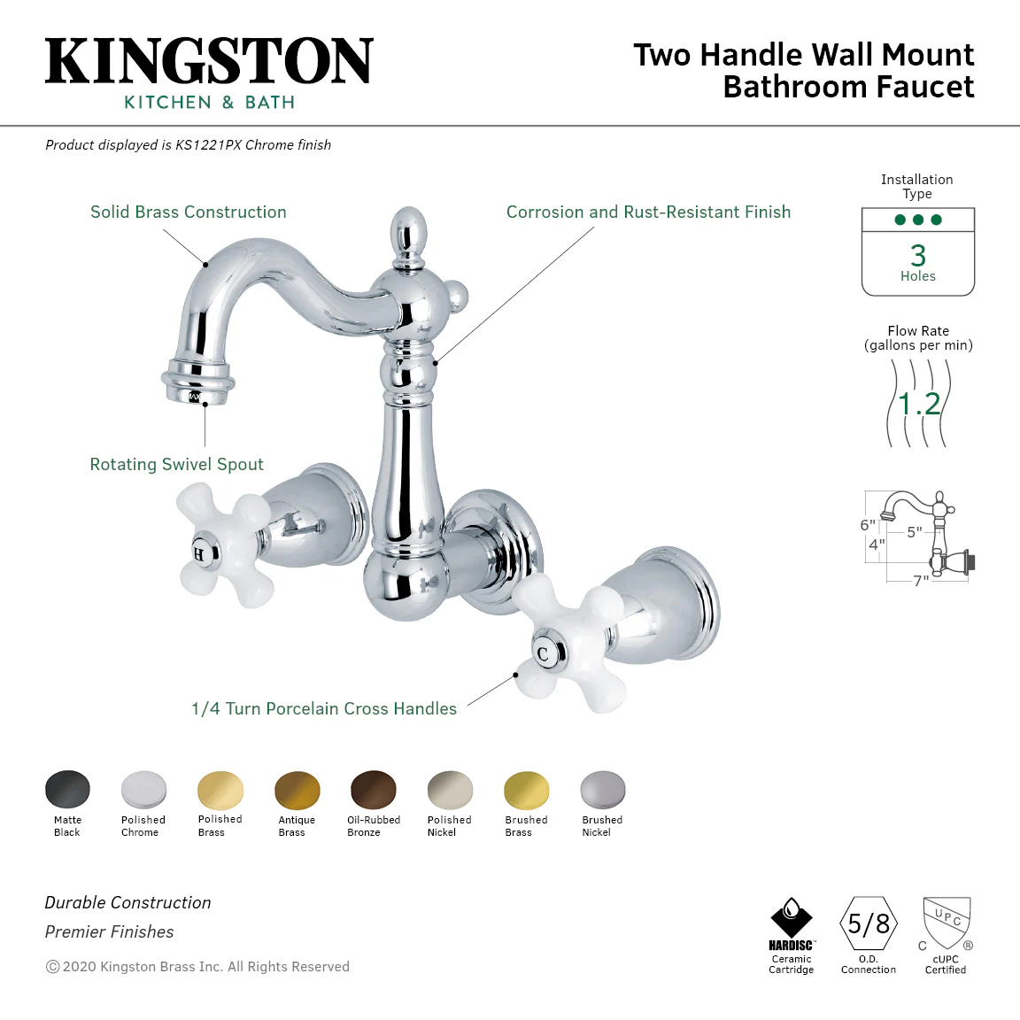 Kingston Heirloom KS1221PX - Heritage Double-Handle 3-Hole Wall Mount Bathroom Faucet, Polished Chrome - Image 2