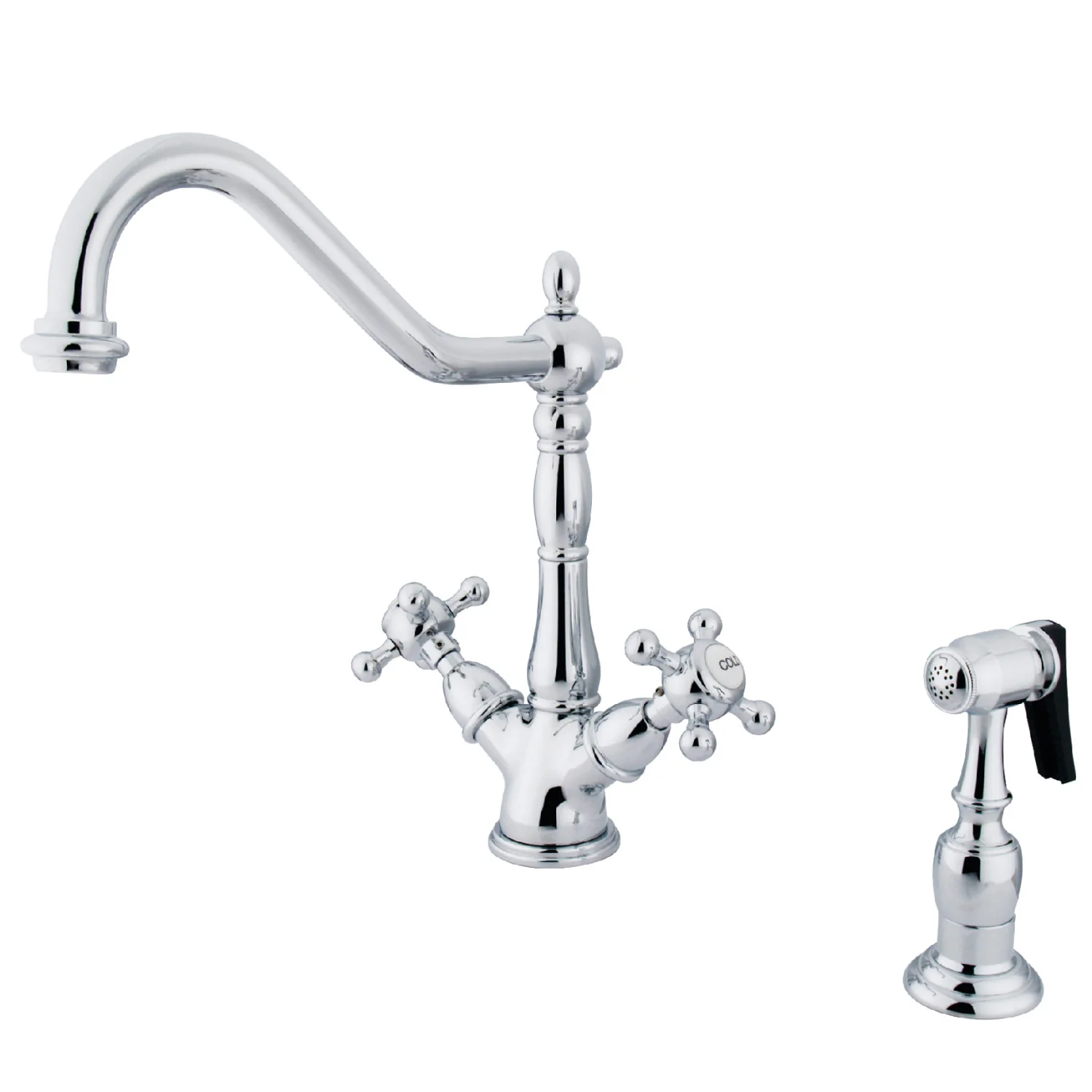 Kingston Heirloom KS1231BXBS - Heritage Two-Handle 2-or-4 Hole Kitchen Faucet with Brass Sprayer, Polished Chrome