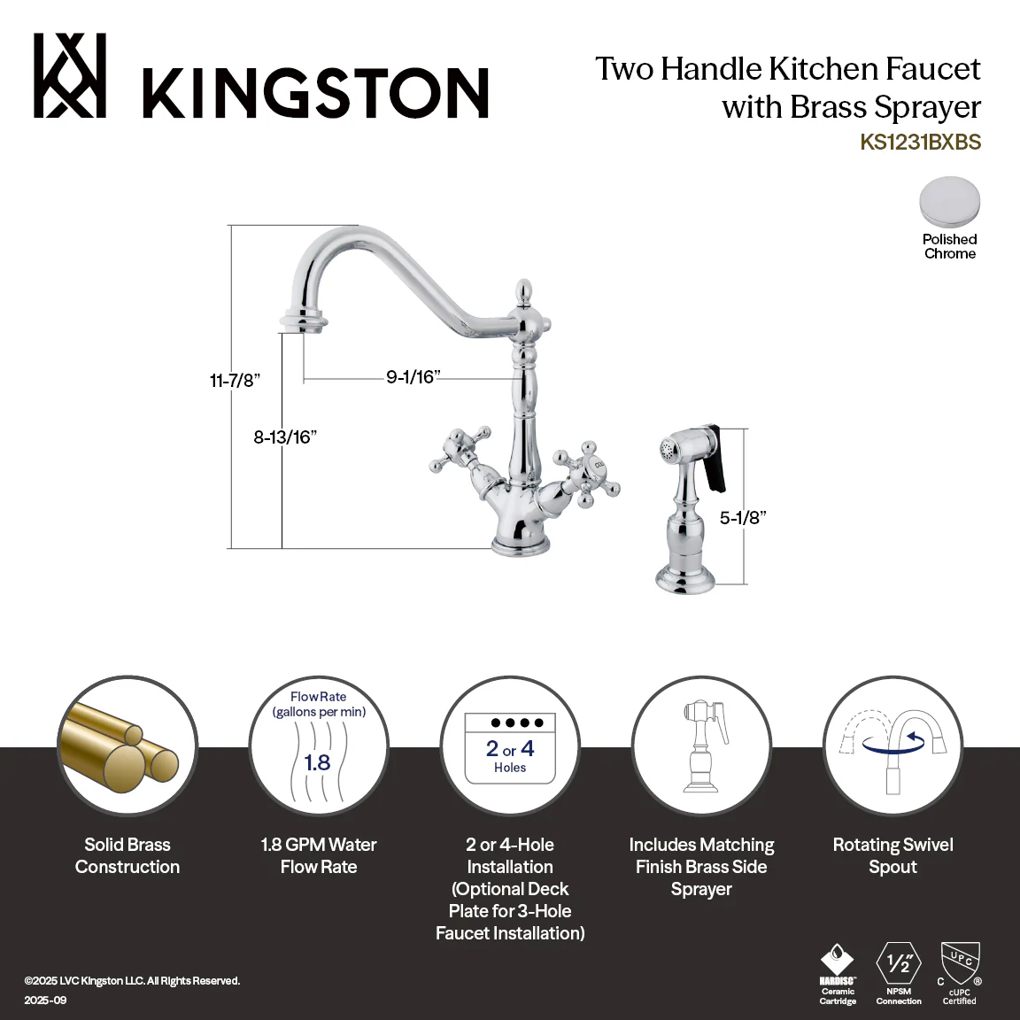 Kingston Heirloom KS1231BXBS - Heritage Two-Handle 2-or-4 Hole Kitchen Faucet with Brass Sprayer, Polished Chrome - Image 2