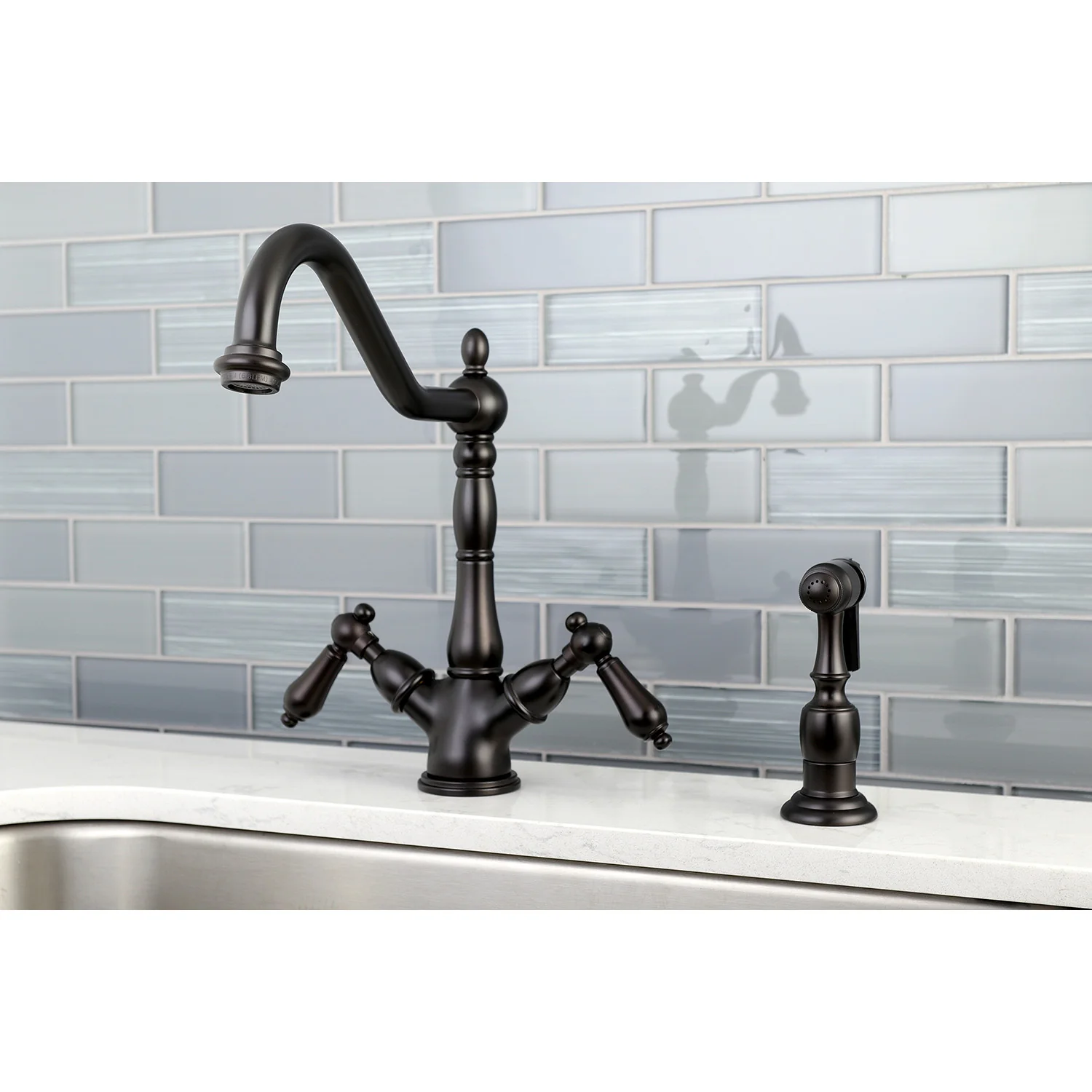 Kingston Heirloom KS1235ALBS - Heritage Two-Handle 2-or-4 Hole Kitchen Faucet with Brass Sprayer, Oil Rubbed Bronze - Image 3