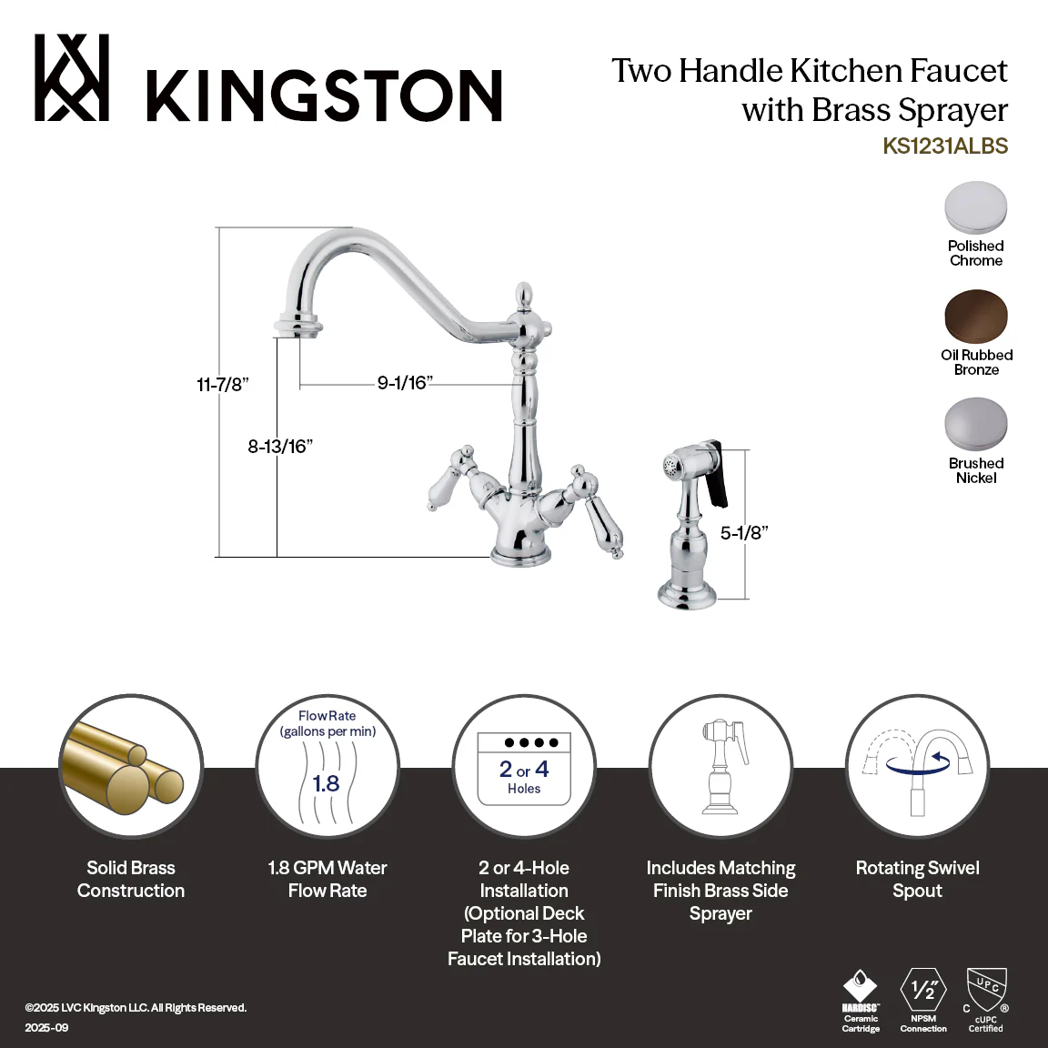 Kingston Heirloom KS1235ALBS - Heritage Two-Handle 2-or-4 Hole Kitchen Faucet with Brass Sprayer, Oil Rubbed Bronze - Image 4