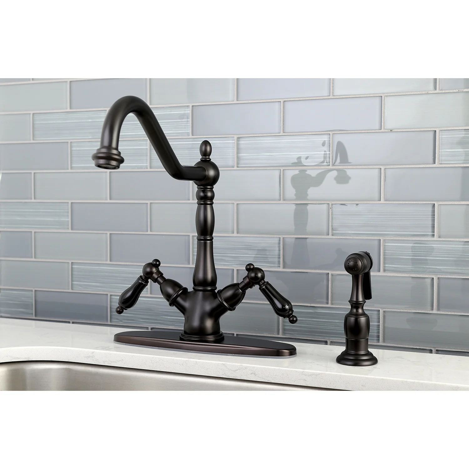 Kingston Heirloom KS1235PKLBS - Duchess Two-Handle 2-or-4 Hole Kitchen Faucet with Brass Sprayer, Oil Rubbed Bronze - Image 2