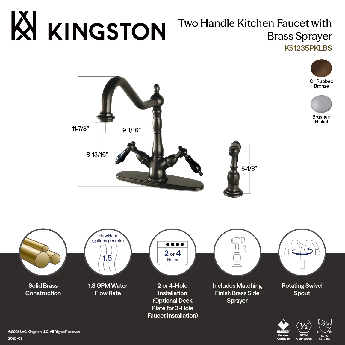 Kingston Heirloom KS1238PKLBS - Duchess Two-Handle 2-or-4 Hole Kitchen Faucet with Brass Sprayer, Brushed Nickel - Image 2