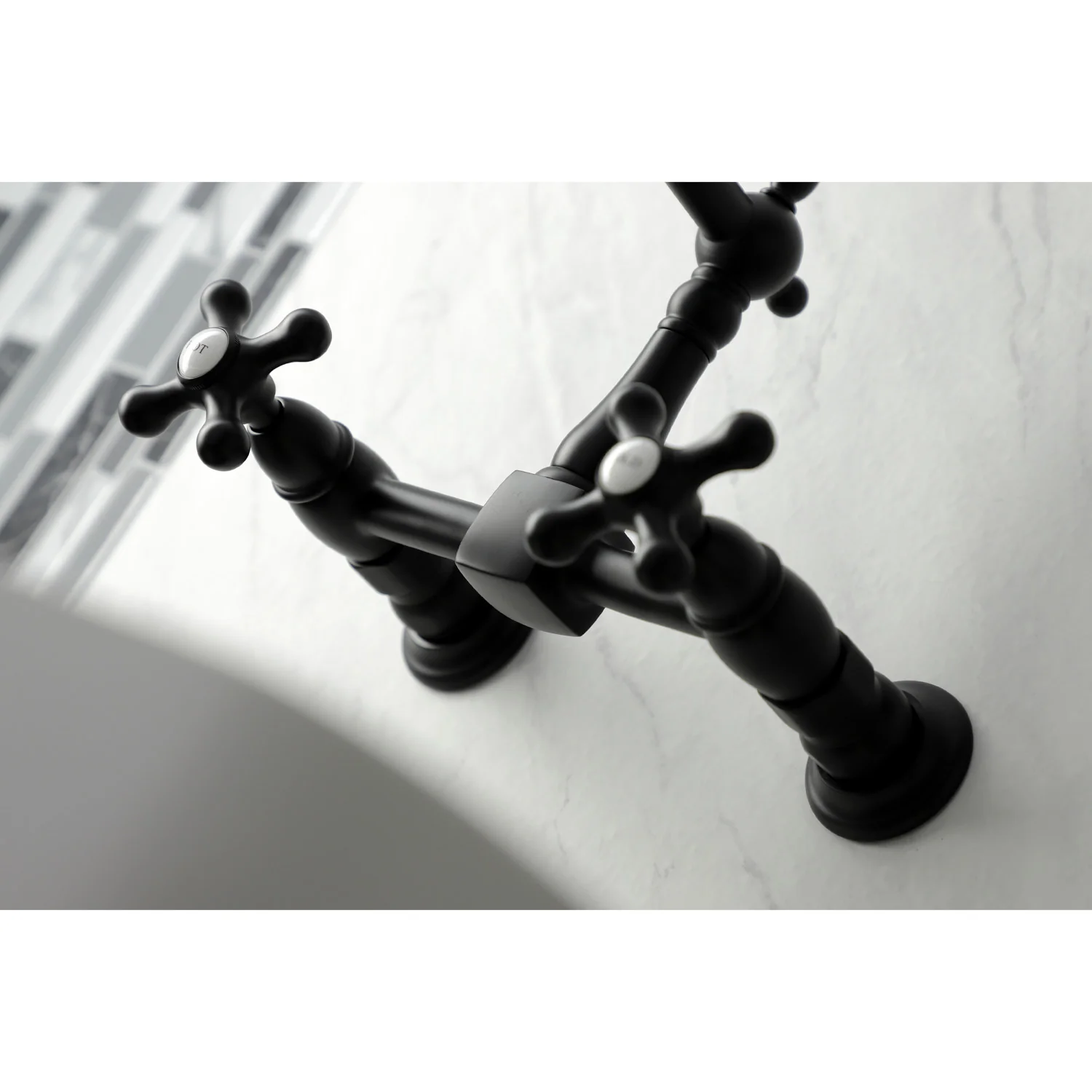 Kingston Heirloom KS1240AX - Heritage Two-Handle 2-Hole Wall Mount Bridge Kitchen Faucet, Matte Black - Image 2