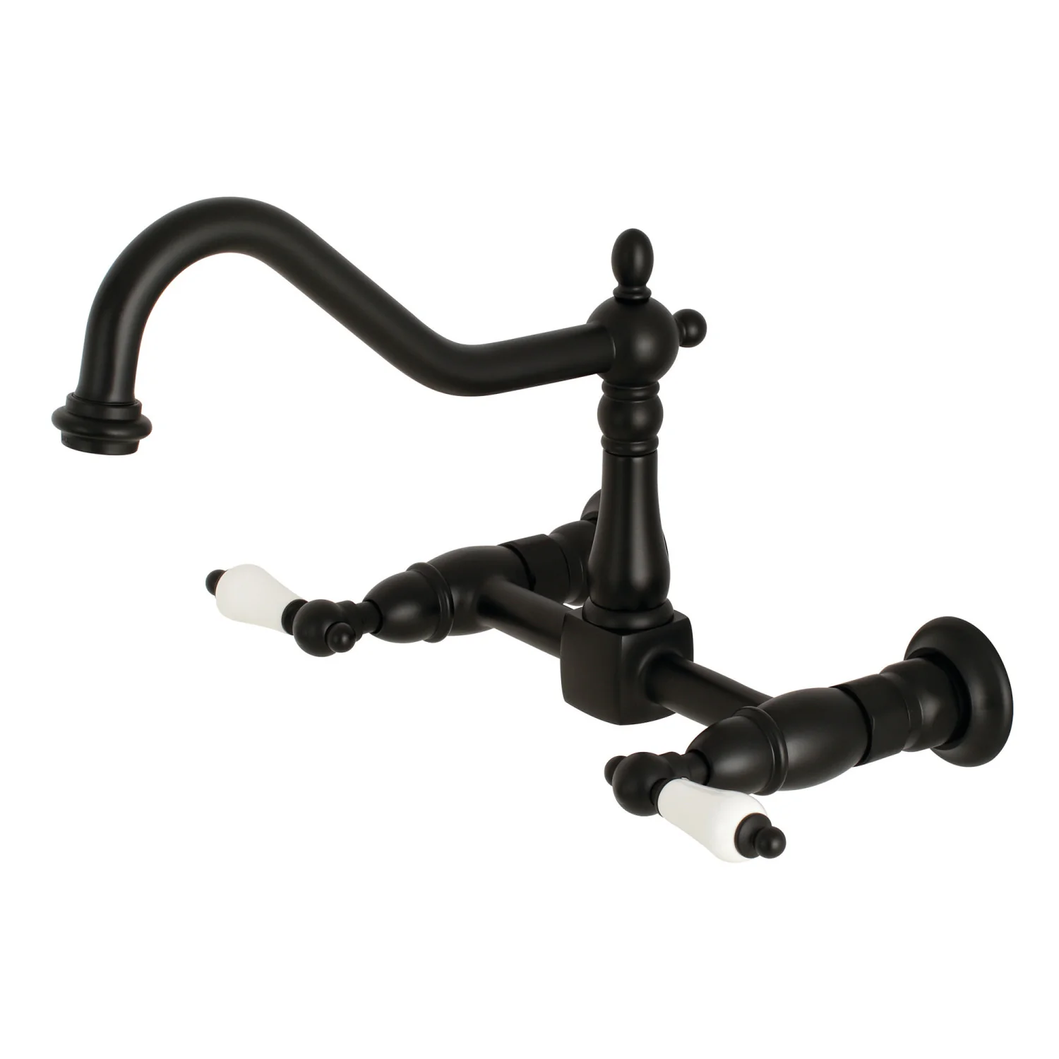 Kingston Heirloom KS1240PL - Heritage Two-Handle 2-Hole Wall Mount Bridge Kitchen Faucet, Matte Black