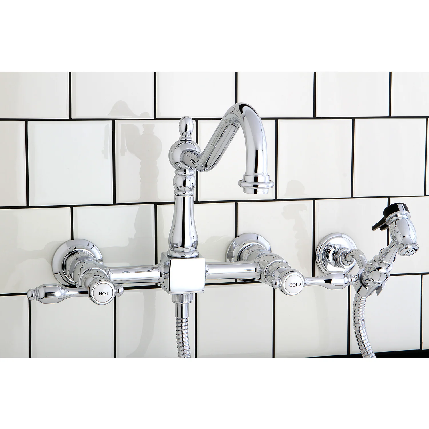 Kingston Heirloom KS1241TALBS - Tudor Two-Handle 3-Hole Wall Mount Bridge Kitchen Faucet with Brass Sprayer, Polished Chrome - Image 2