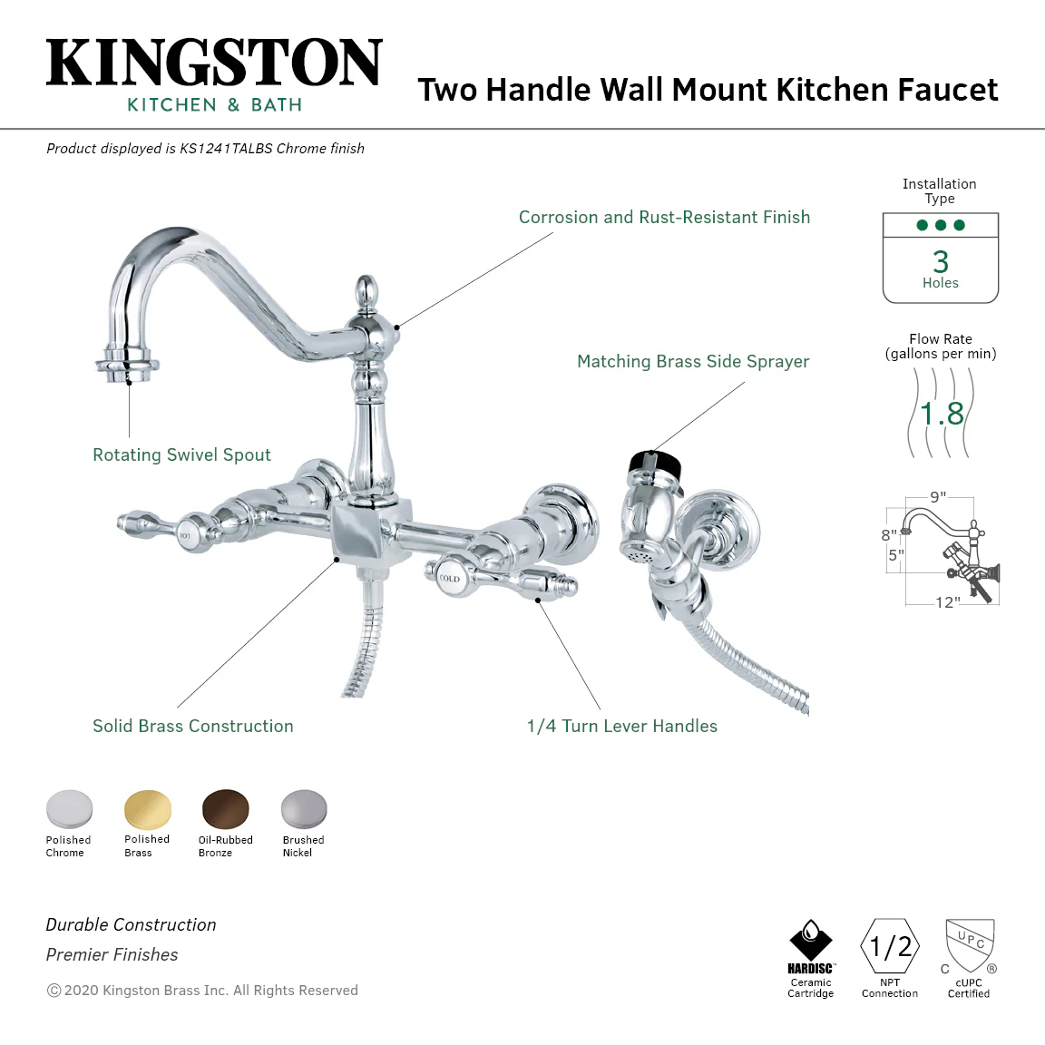 Kingston Heirloom KS1241TALBS - Tudor Two-Handle 3-Hole Wall Mount Bridge Kitchen Faucet with Brass Sprayer, Polished Chrome - Image 3