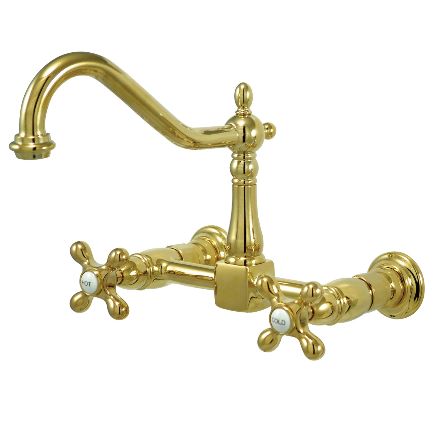 Kingston Heirloom KS1242AX - Heritage Two-Handle 2-Hole Wall Mount Bridge Kitchen Faucet, Polished Brass