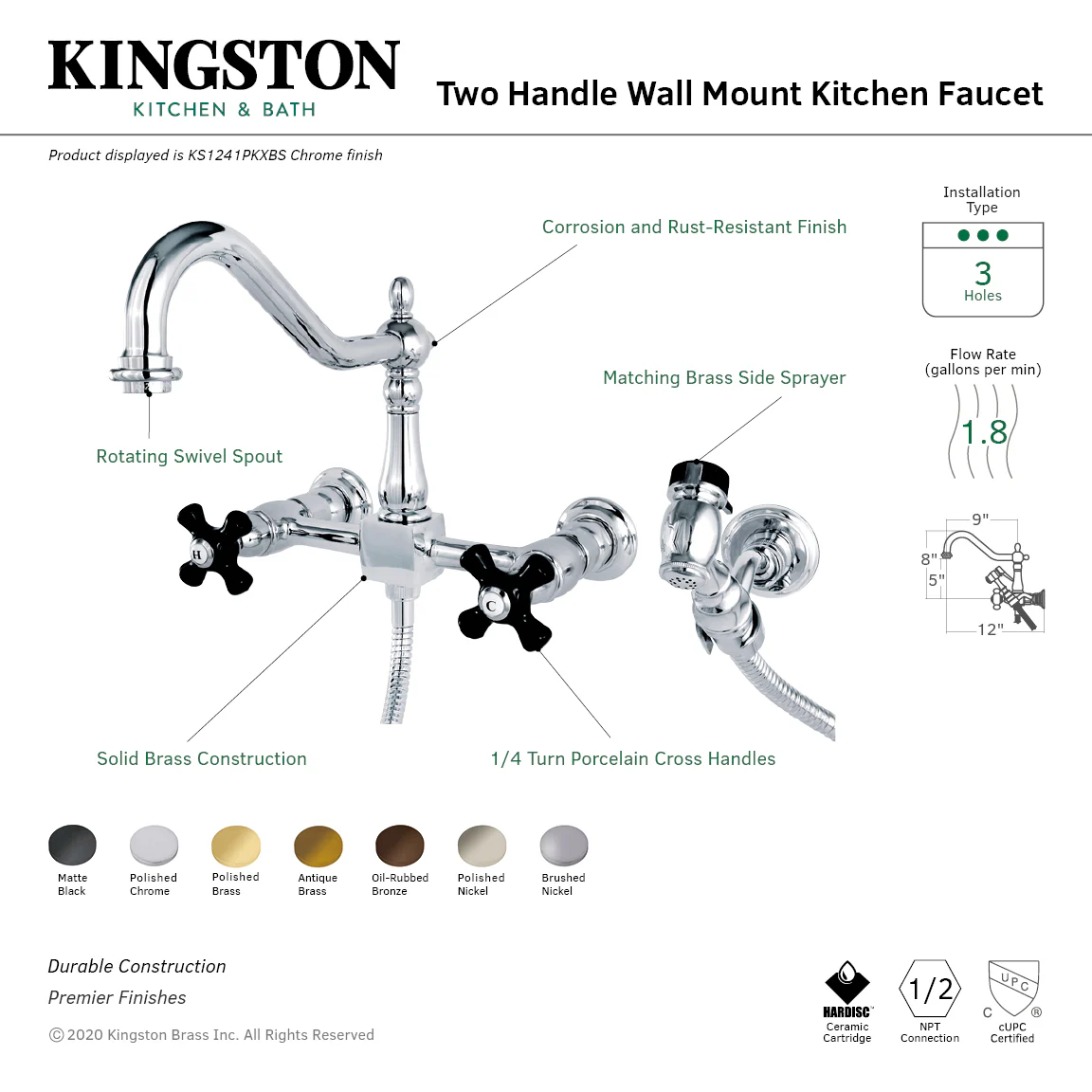 Kingston Heirloom KS1242PKXBS - Duchess Two-Handle 3-Hole Wall Mount Bridge Kitchen Faucet with Brass Sprayer, Polished Brass - Image 2