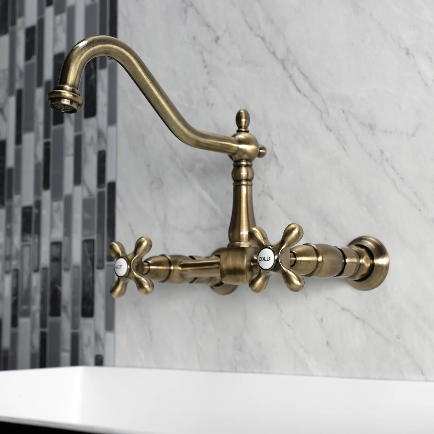 Kingston Heirloom KS1243AX - Heritage Two-Handle 2-Hole Wall Mount Bridge Kitchen Faucet, Antique Brass - Image 2