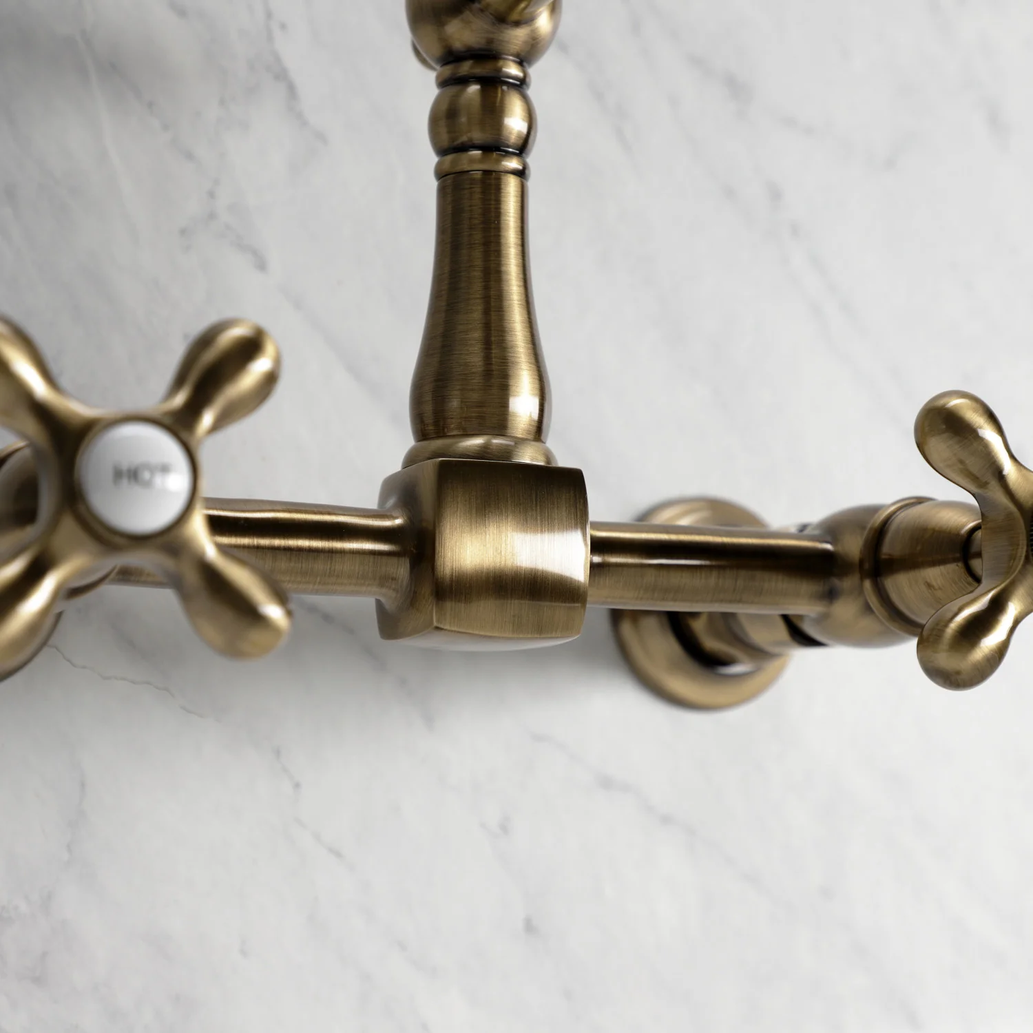 Kingston Heirloom KS1243AX - Heritage Two-Handle 2-Hole Wall Mount Bridge Kitchen Faucet, Antique Brass - Image 4