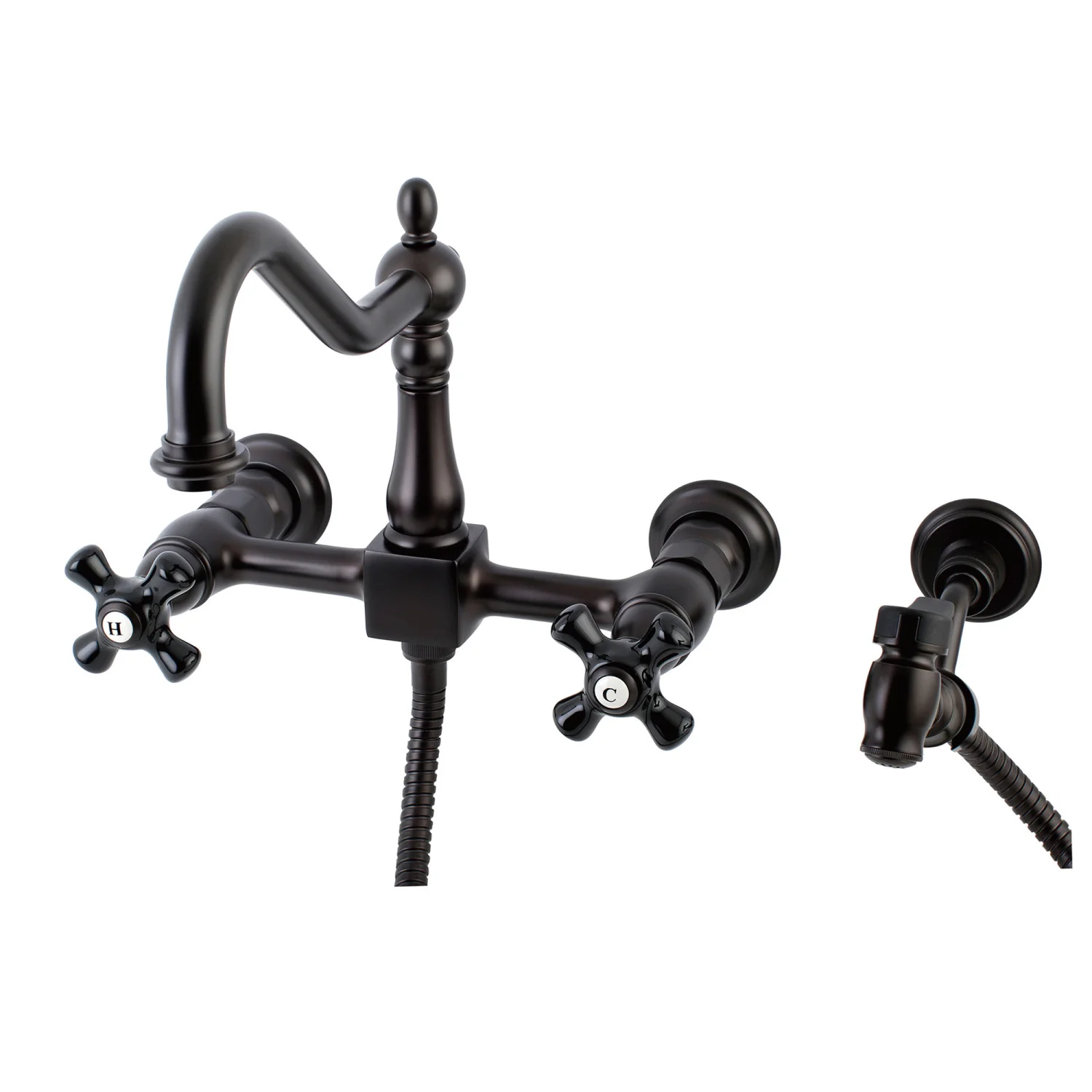 Kingston Heirloom KS1245PKXBS - Duchess Two-Handle 3-Hole Wall Mount Bridge Kitchen Faucet with Brass Sprayer, Oil Rubbed Bronze