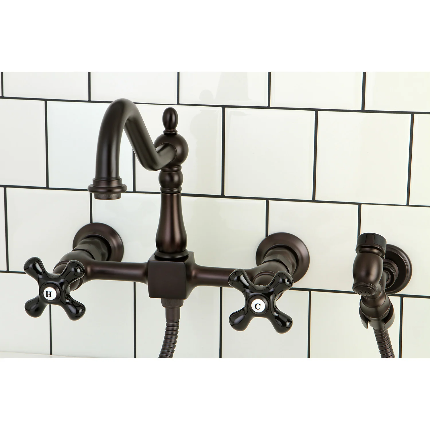 Kingston Heirloom KS1245PKXBS - Duchess Two-Handle 3-Hole Wall Mount Bridge Kitchen Faucet with Brass Sprayer, Oil Rubbed Bronze - Image 2
