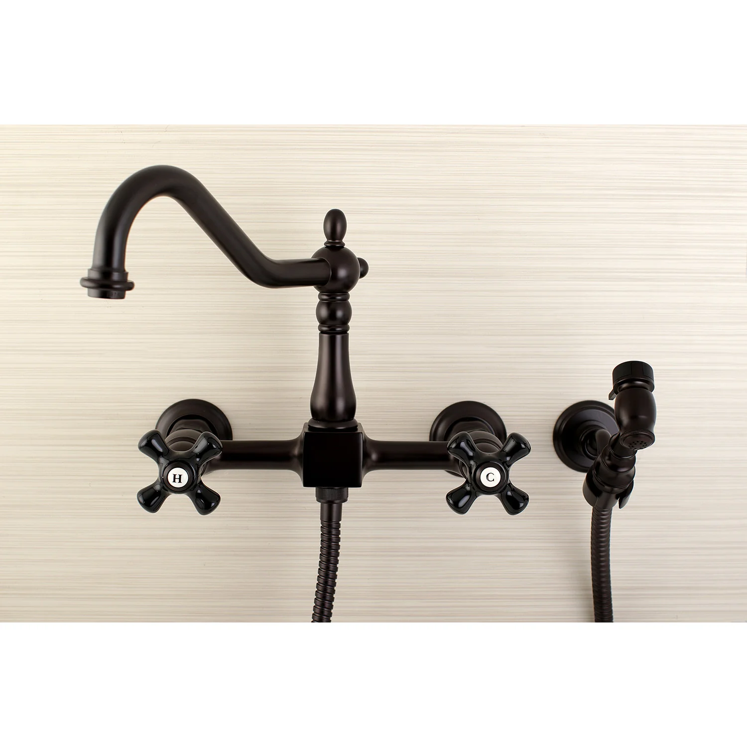 Kingston Heirloom KS1245PKXBS - Duchess Two-Handle 3-Hole Wall Mount Bridge Kitchen Faucet with Brass Sprayer, Oil Rubbed Bronze - Image 3