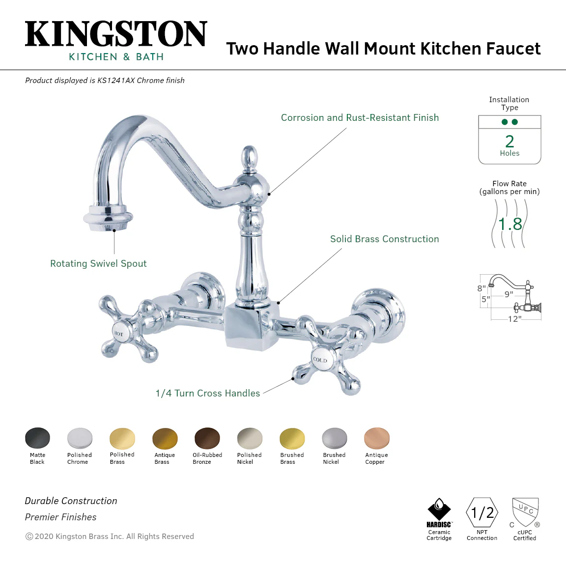 Kingston Heirloom KS1247AX - Heritage Two-Handle 2-Hole Wall Mount Bridge Kitchen Faucet, Brushed Brass - Image 2