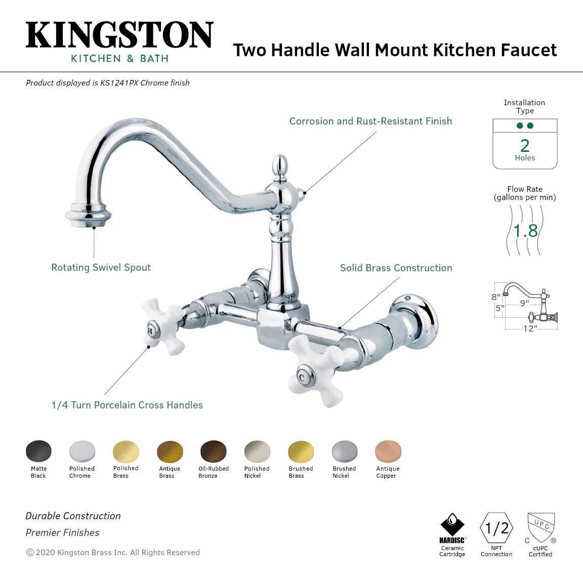 Kingston Heirloom KS1247PX - Heritage Two-Handle 2-Hole Wall Mount Bridge Kitchen Faucet, Brushed Brass - Image 2