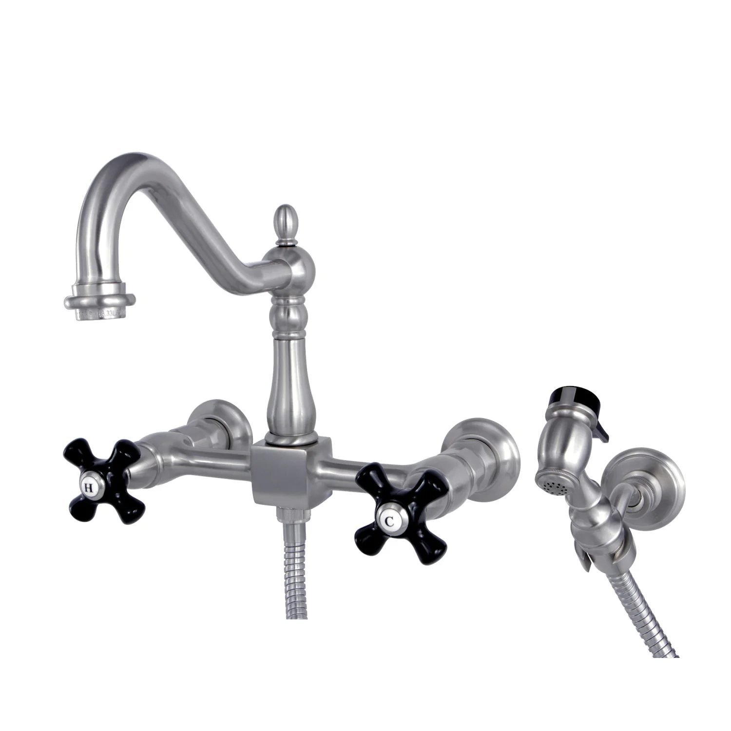 Kingston Heirloom KS1248PKXBS - Duchess Two-Handle 3-Hole Wall Mount Bridge Kitchen Faucet with Brass Sprayer, Brushed Nickel