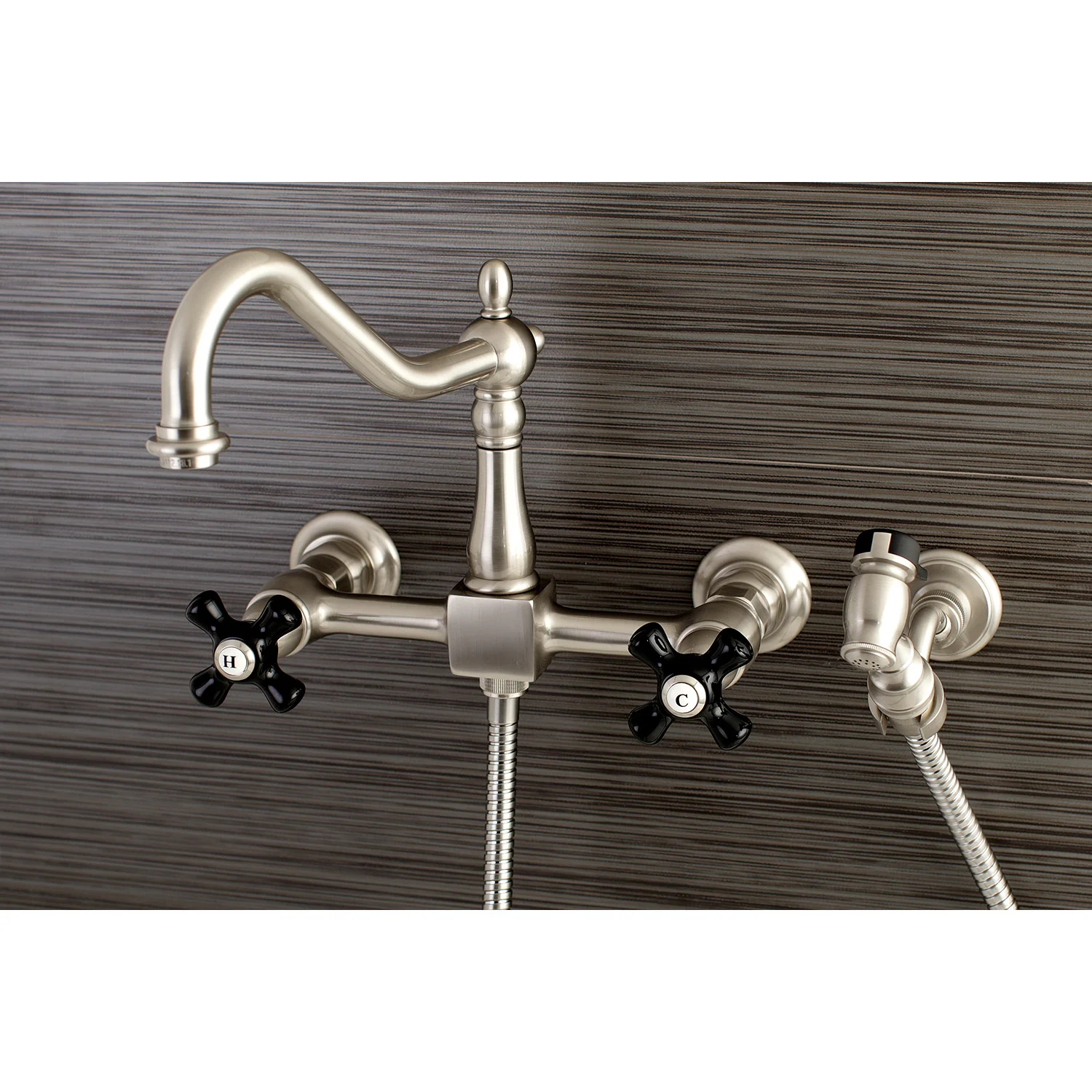 Kingston Heirloom KS1248PKXBS - Duchess Two-Handle 3-Hole Wall Mount Bridge Kitchen Faucet with Brass Sprayer, Brushed Nickel - Image 2