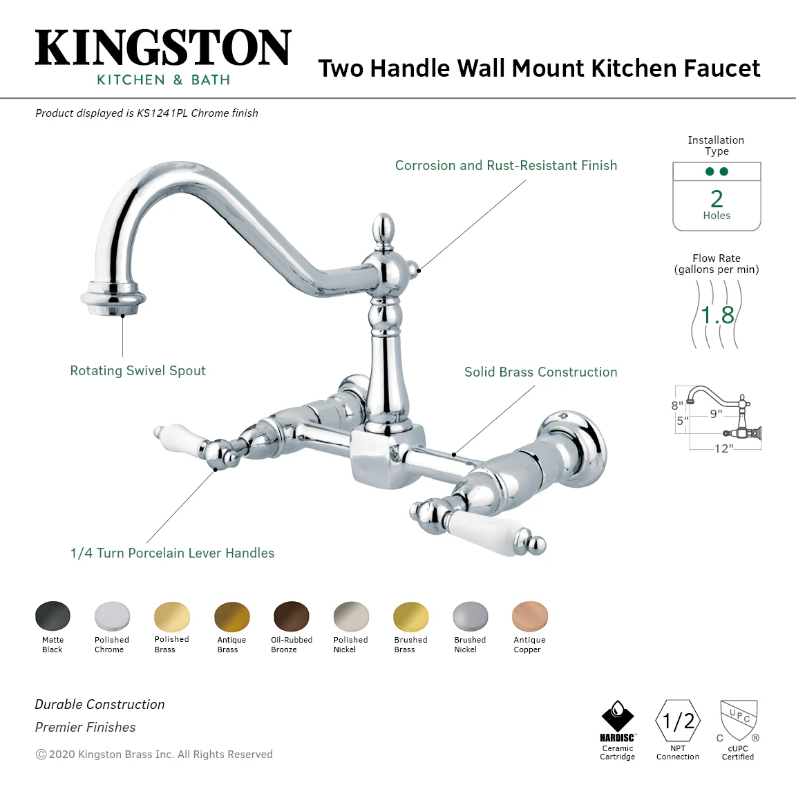 Kingston Heirloom KS1248PL - Heritage Two-Handle 2-Hole Wall Mount Bridge Kitchen Faucet, Brushed Nickel - Image 2