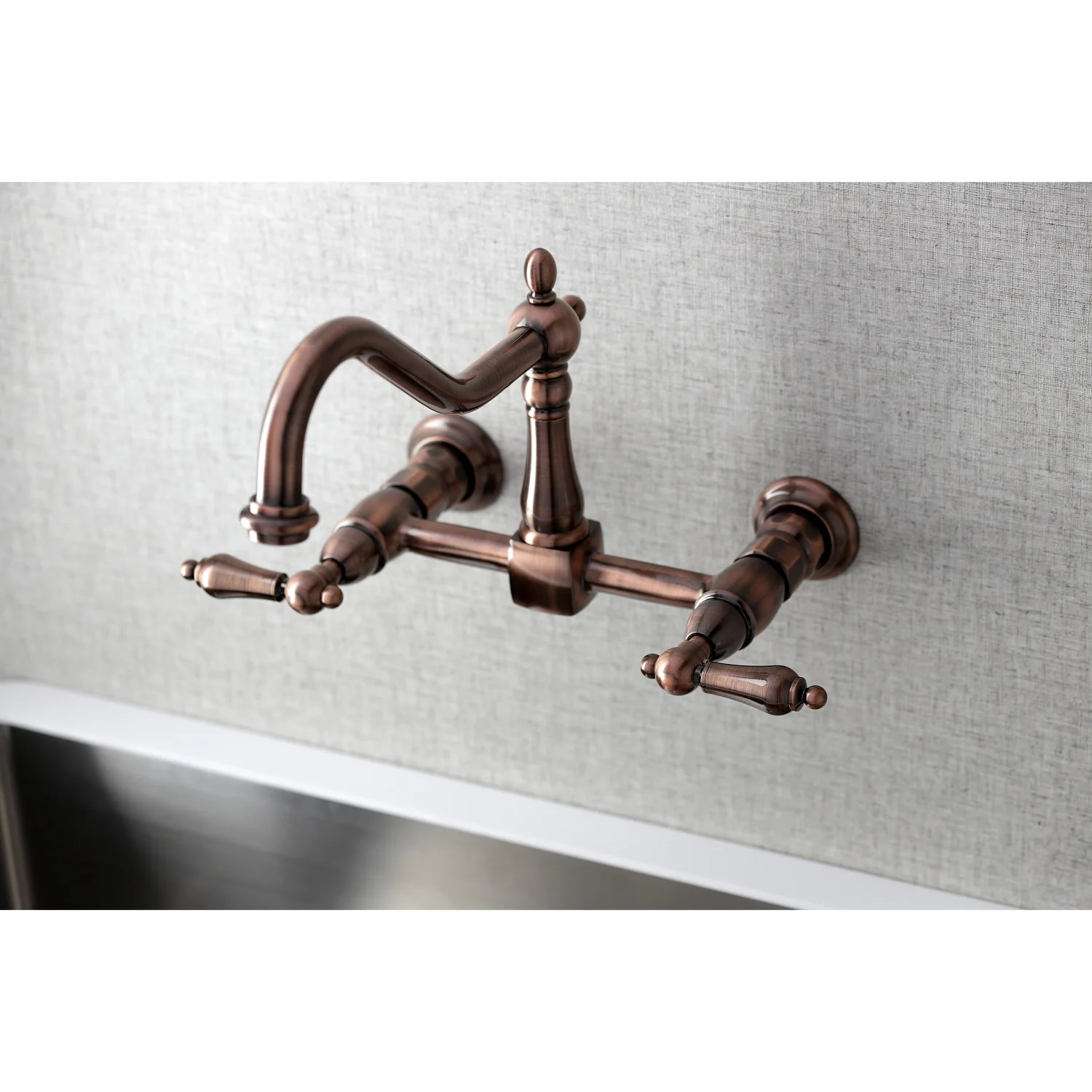Kingston Heirloom KS124ALAC - Heritage Two-Handle 2-Hole Wall Mount Bridge Kitchen Faucet, Antique Copper - Image 6