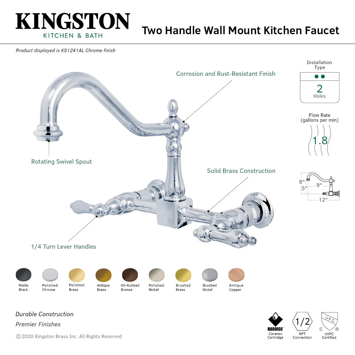 Kingston Heirloom KS124ALAC - Heritage Two-Handle 2-Hole Wall Mount Bridge Kitchen Faucet, Antique Copper - Image 7