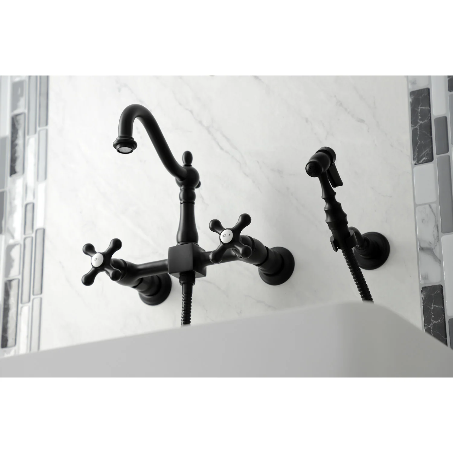 Kingston Heirloom KS1260AXBS - Heritage Two-Handle 3-Hole Wall Mount Bridge Kitchen Faucet with Brass Sprayer, Matte Black - Image 7