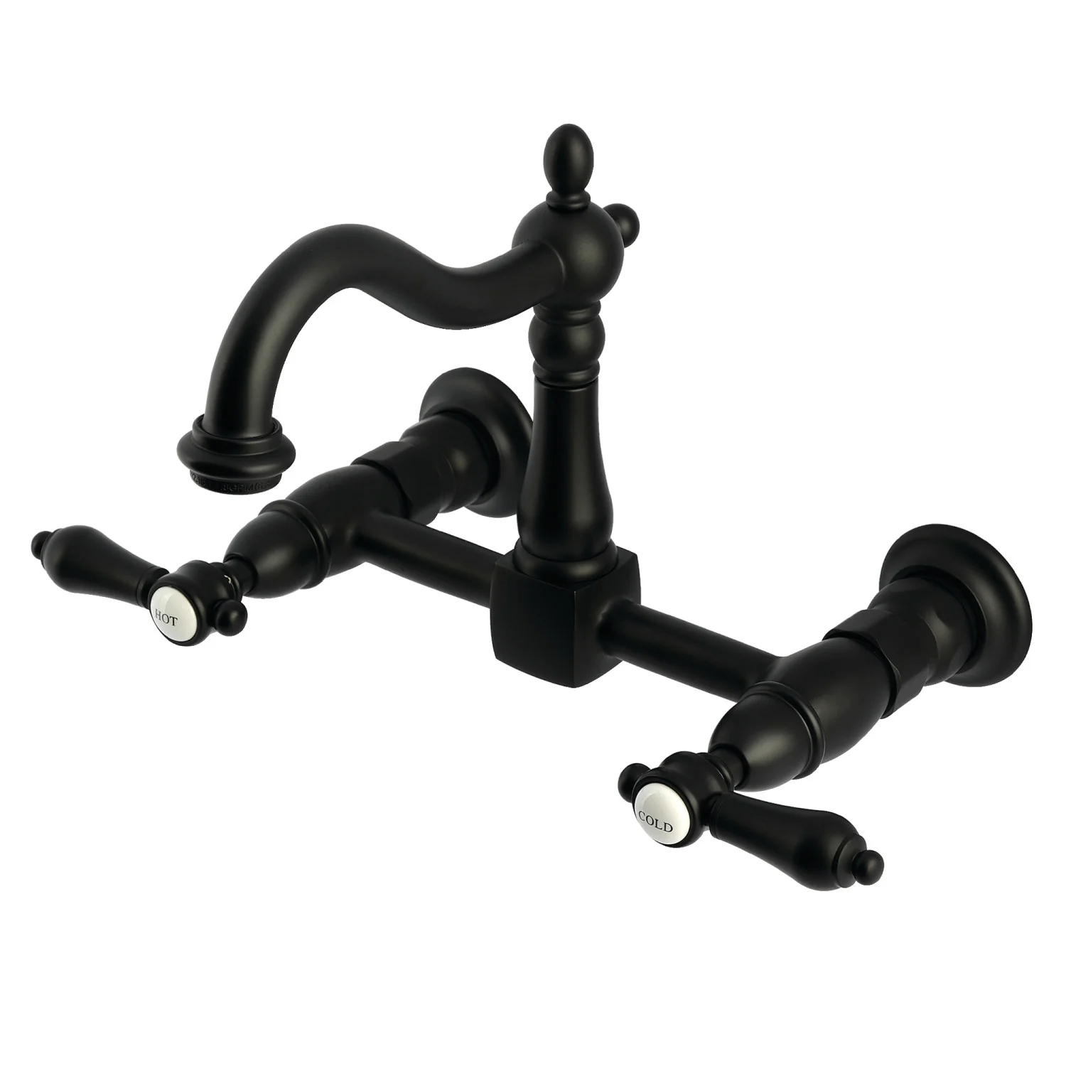Kingston Heirloom KS1260BAL - Heirloom Two-Handle 2-Hole Wall Mount Bridge Kitchen Faucet, Matte Black