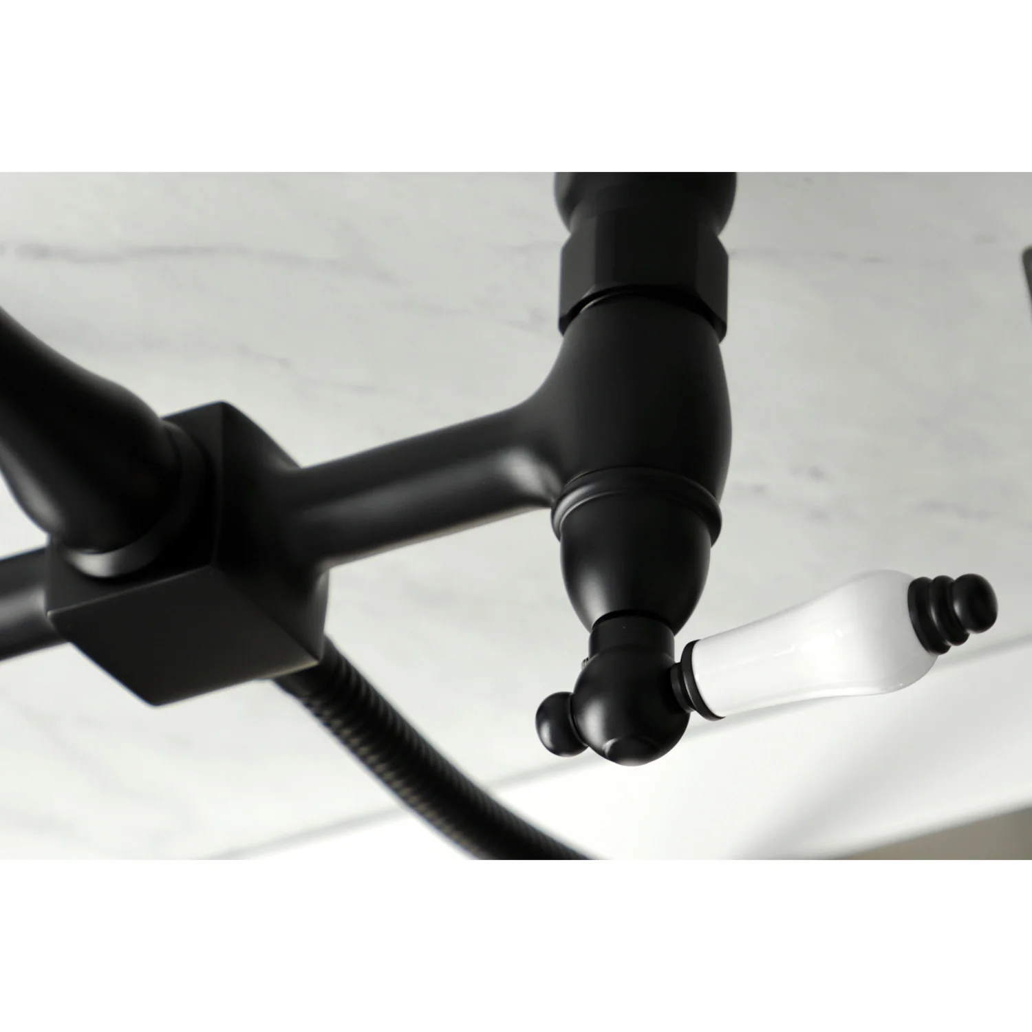Kingston Heirloom KS1260PLBS - Heritage Two-Handle 3-Hole Wall Mount Bridge Kitchen Faucet with Brass Sprayer, Matte Black - Image 2