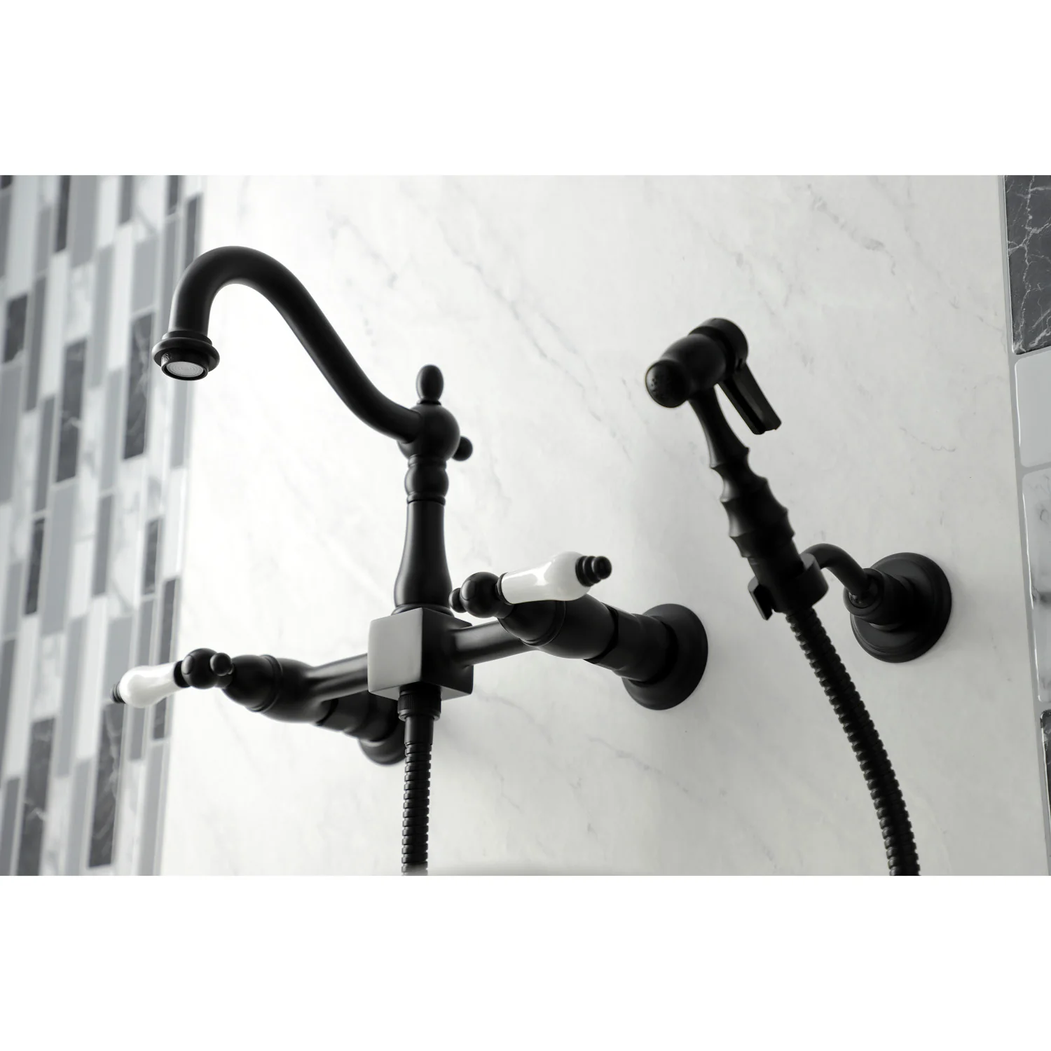 Kingston Heirloom KS1260PLBS - Heritage Two-Handle 3-Hole Wall Mount Bridge Kitchen Faucet with Brass Sprayer, Matte Black - Image 6