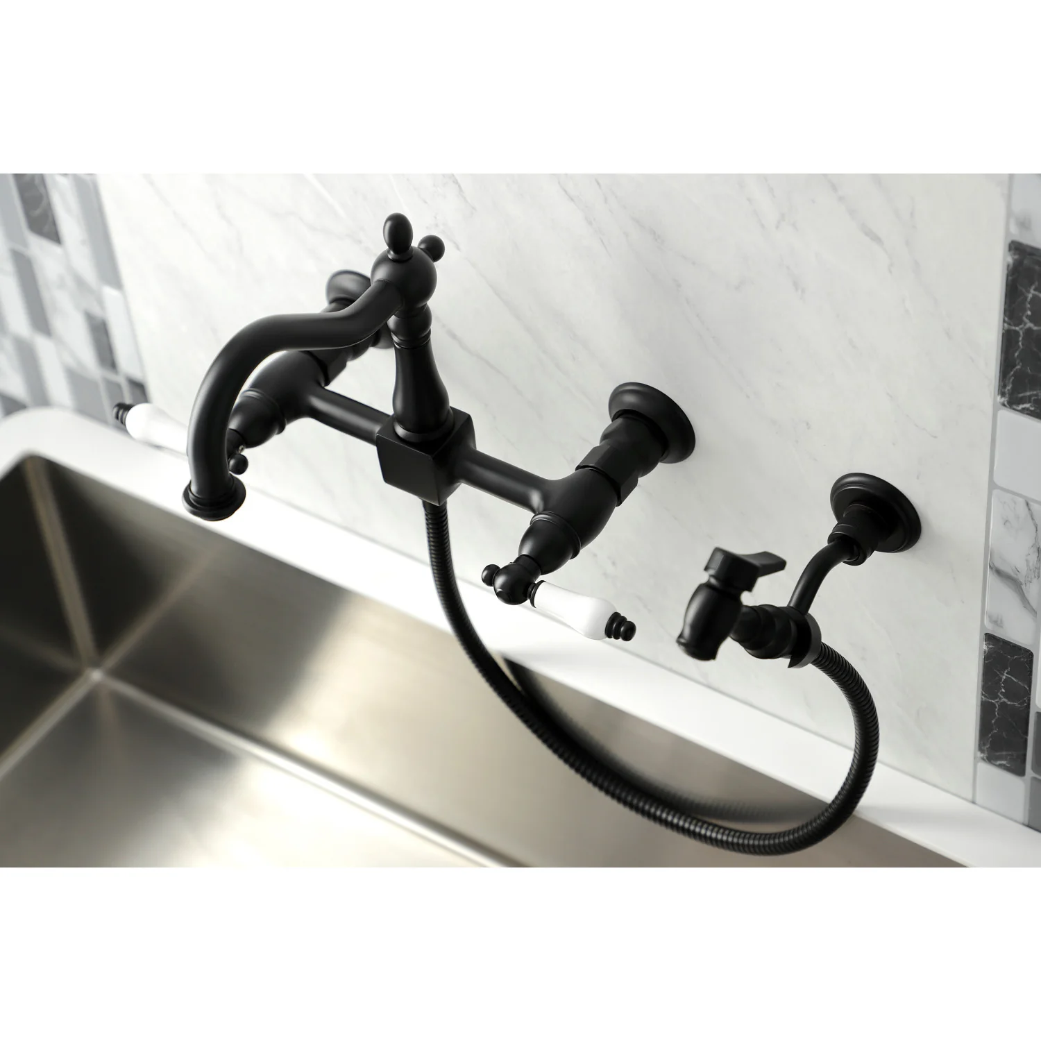 Kingston Heirloom KS1260PLBS - Heritage Two-Handle 3-Hole Wall Mount Bridge Kitchen Faucet with Brass Sprayer, Matte Black - Image 8