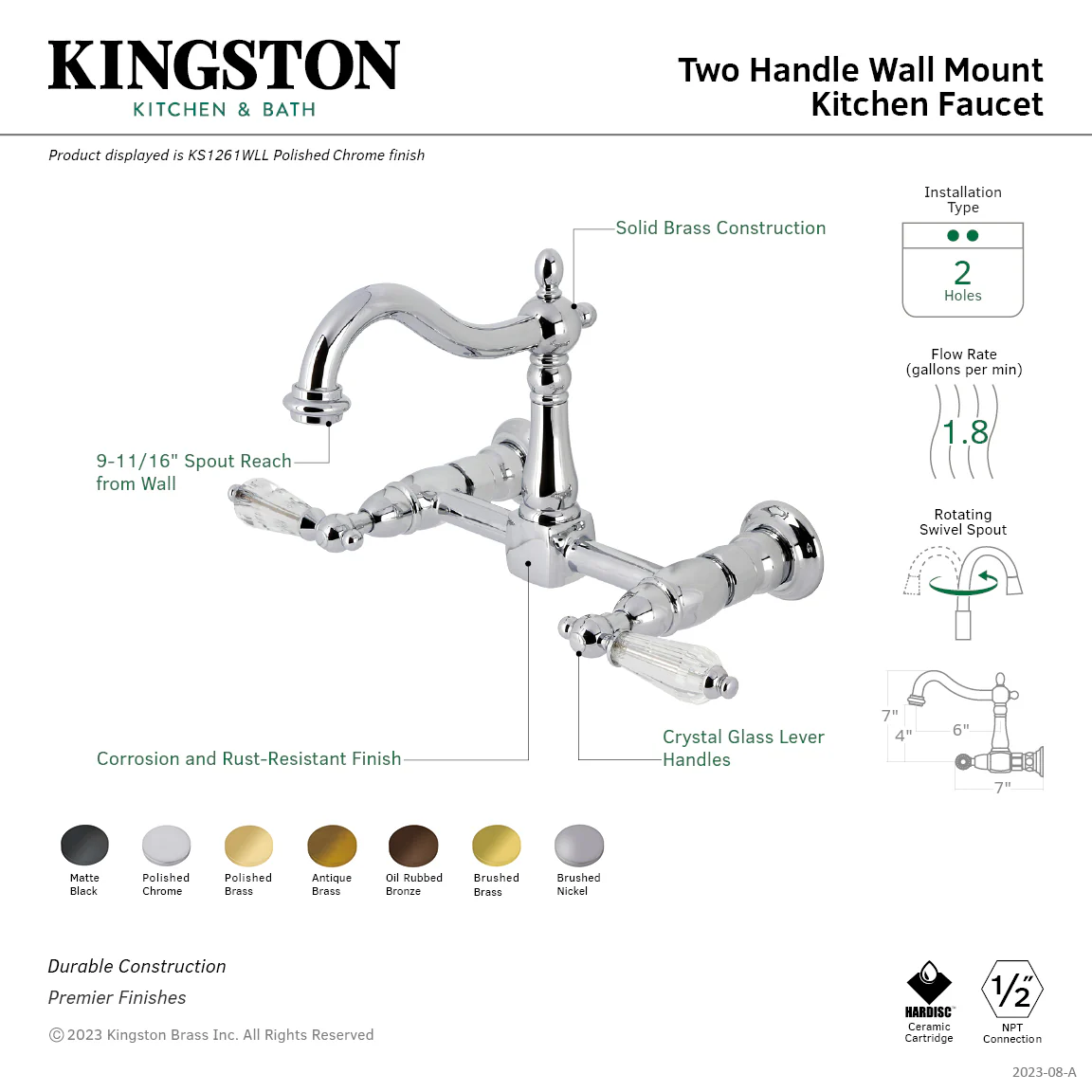 Kingston Heirloom KS1260WLL - Willshire Two-Handle 2-Hole Wall Mount Bridge Kitchen Faucet, Matte Black - Image 2