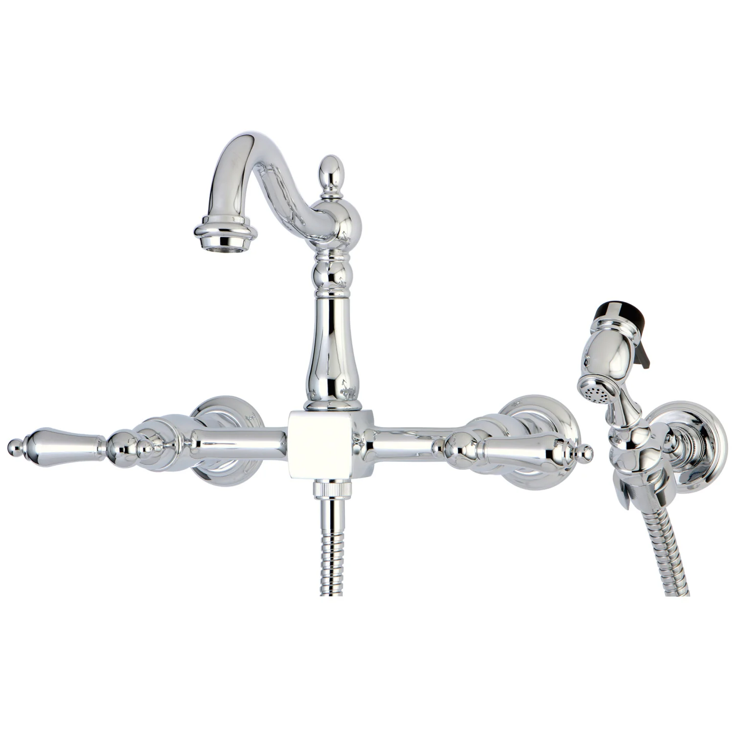 Kingston Heirloom KS1261ALBS - Heritage Two-Handle 3-Hole Wall Mount Bridge Kitchen Faucet with Brass Sprayer, Polished Chrome