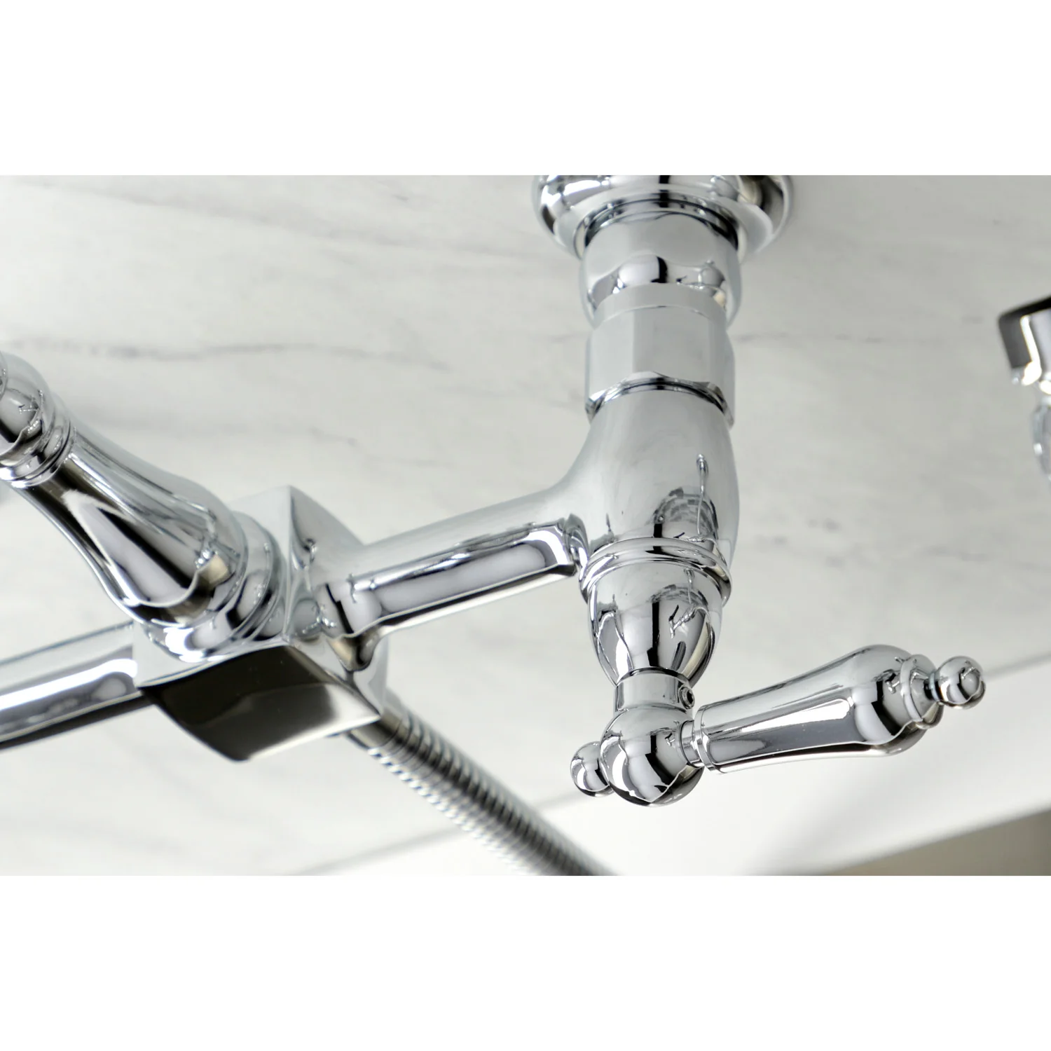 Kingston Heirloom KS1261ALBS - Heritage Two-Handle 3-Hole Wall Mount Bridge Kitchen Faucet with Brass Sprayer, Polished Chrome - Image 3