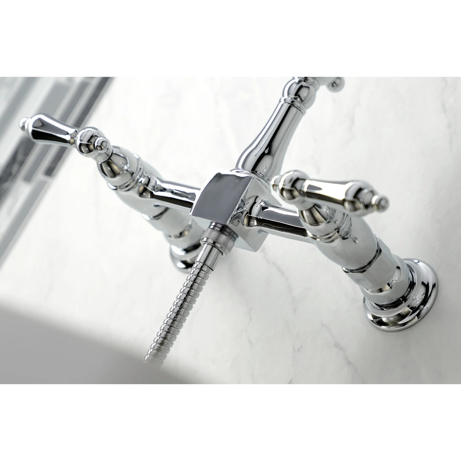 Kingston Heirloom KS1261ALBS - Heritage Two-Handle 3-Hole Wall Mount Bridge Kitchen Faucet with Brass Sprayer, Polished Chrome - Image 4