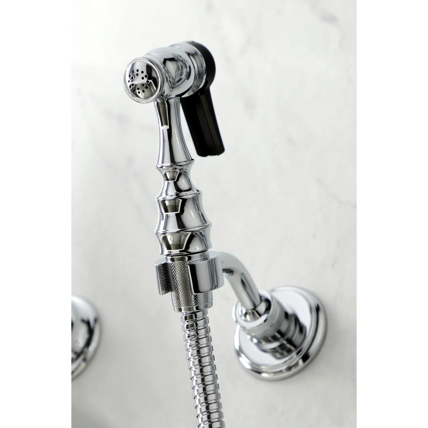 Kingston Heirloom KS1261ALBS - Heritage Two-Handle 3-Hole Wall Mount Bridge Kitchen Faucet with Brass Sprayer, Polished Chrome - Image 5