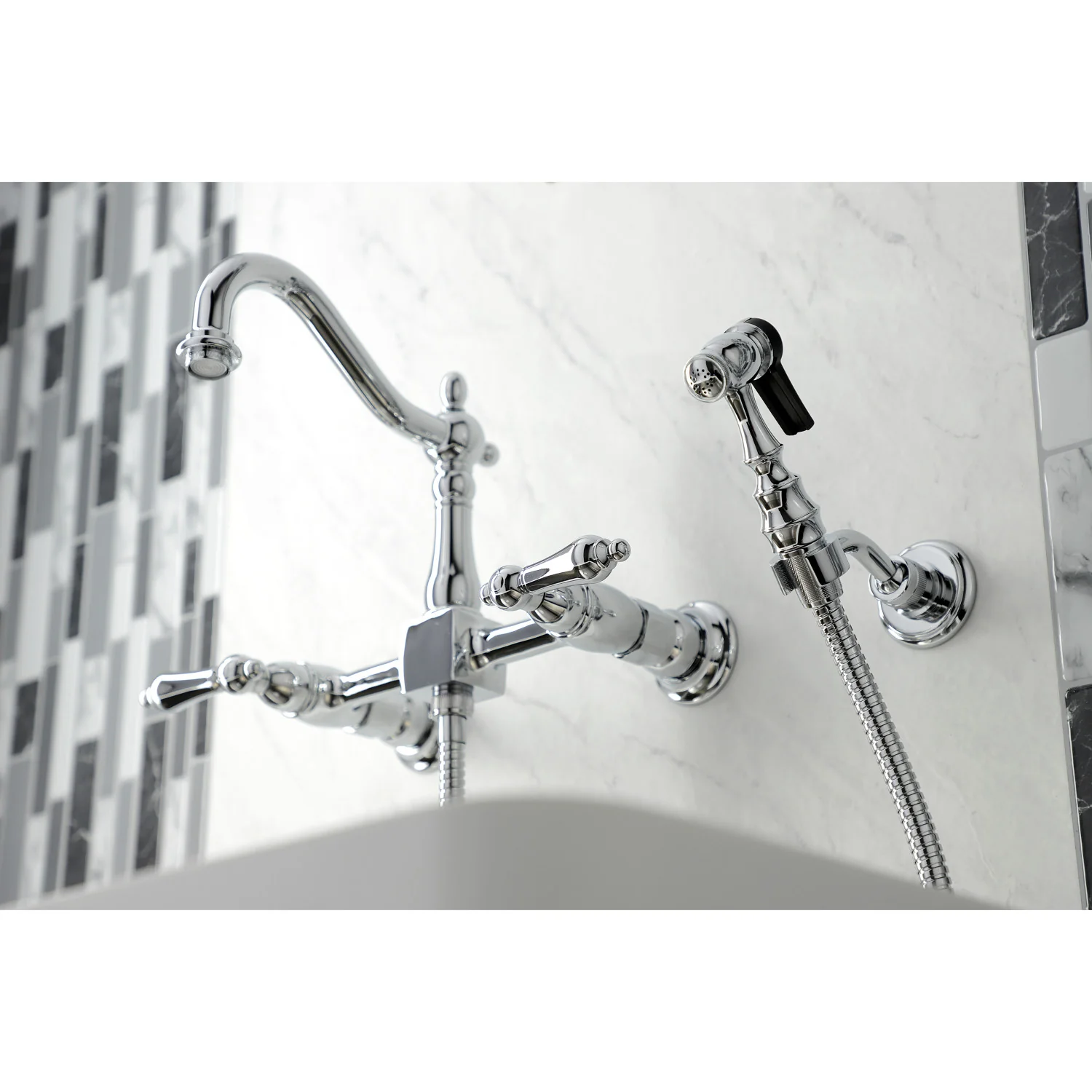 Kingston Heirloom KS1261ALBS - Heritage Two-Handle 3-Hole Wall Mount Bridge Kitchen Faucet with Brass Sprayer, Polished Chrome - Image 7