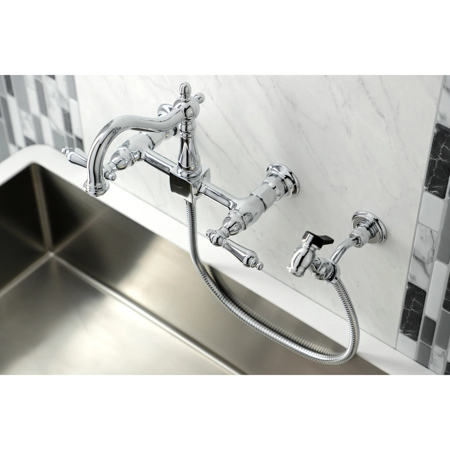 Kingston Heirloom KS1261ALBS - Heritage Two-Handle 3-Hole Wall Mount Bridge Kitchen Faucet with Brass Sprayer, Polished Chrome - Image 9